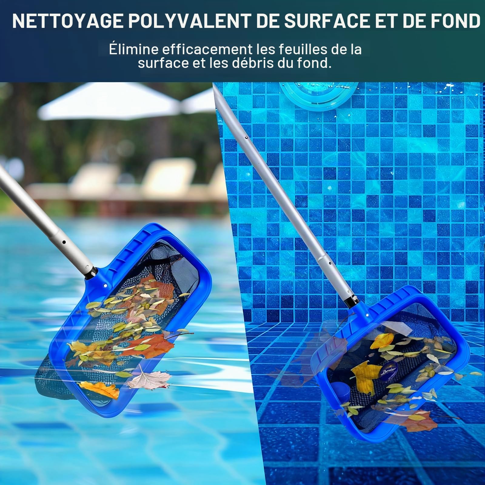 POOLAZA Épuisette de Piscine Maille Fine Auto-Réparatrice 45x25cm | Maille Fine Auto-Réparatrice, Grande Capacité 45x25cm, Sac Profond 40cm, Cadre Renforcé, pour Piscine, Spa, Étang