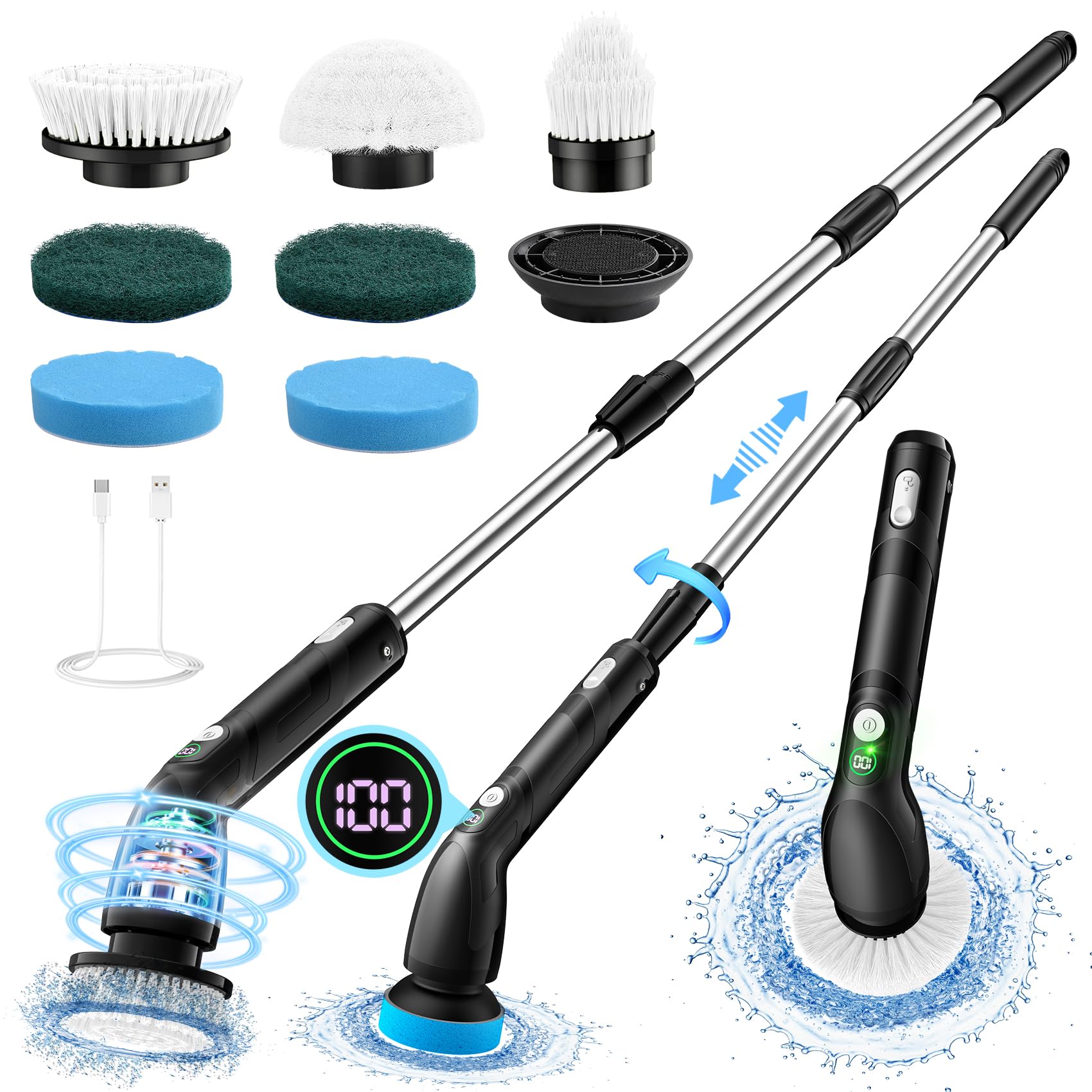 Electric Cleaning Brush, Electric Spin Scrubber with Long Handle, IPX7 Bathroom Cleaning Brush with LED Display, Bathroom Scrubber with 2 Spin Speeds, 7 Brush Heads for Shower, Tub, Kitchen