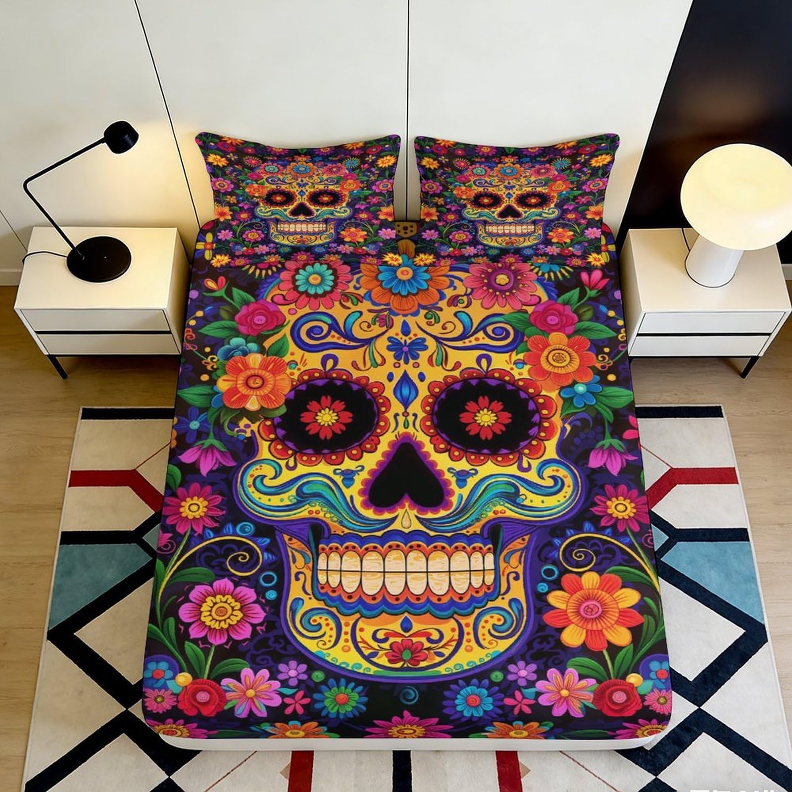 3D Printed Colorful Sugar Skull Fitted Sheet Microfiber Vibrant Floral Bed Cover for Bedroom Guest Room Decor 90x200x25cm