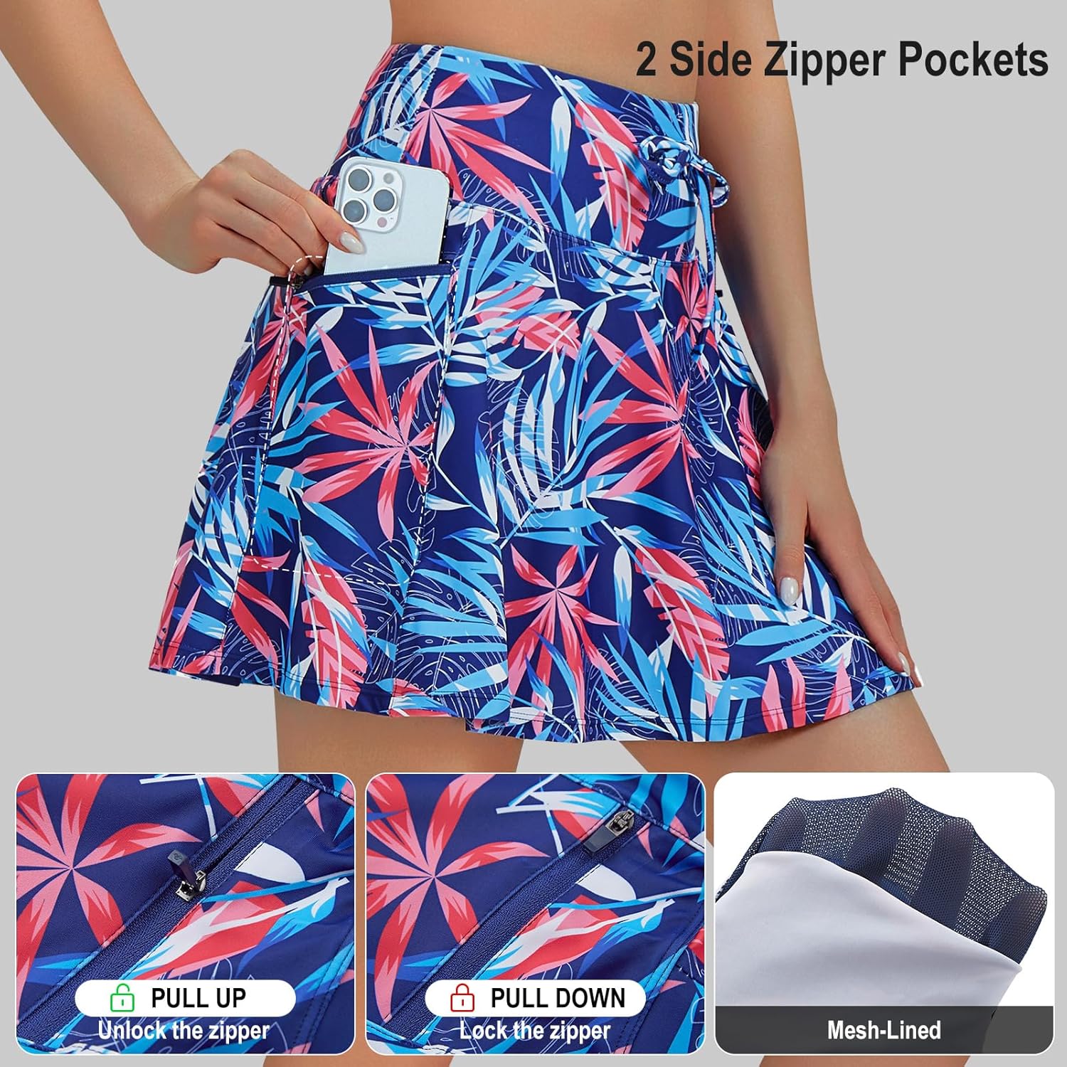 beroy Women's High Waisted Swim Skirt Bathing Suit Bottom Tummy Control Tankini Swimsuit Skort with Zipper Pockets - Image 3