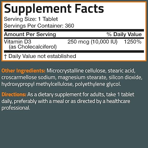 Vista 8 de Bronson Vitamina D3 10,000iu (250mcg) Suministro de 1 año para una función muscular saludable y apoyo inmunológico, sin OMG, 360 tabletas