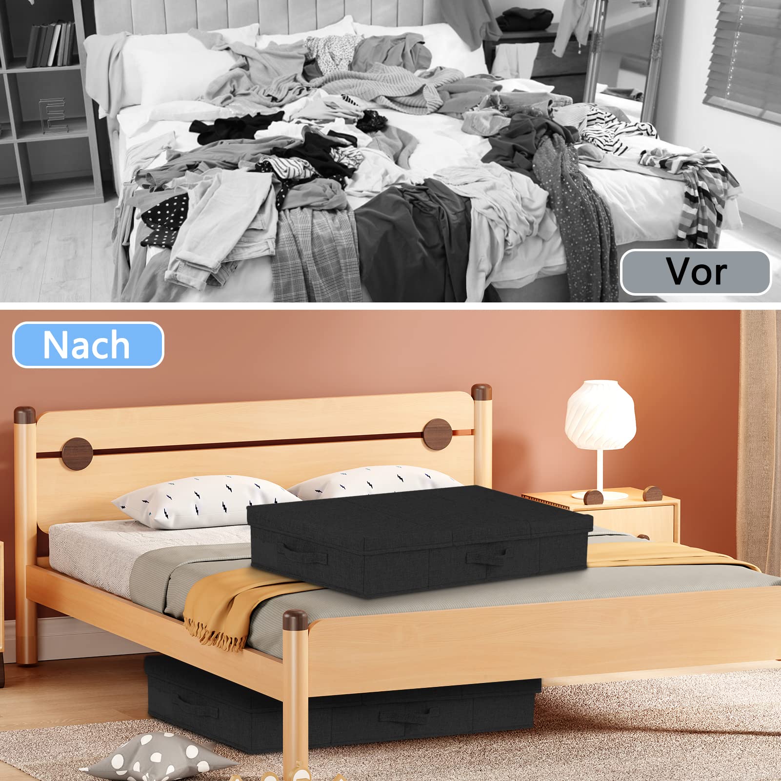 JUPELI Lot de 2 boîtes de rangement pliables noires - 15 cm de haut - Sous le lit - Avec couvercle et poignée - Pour couvertures, vêtements, couettes, jouets