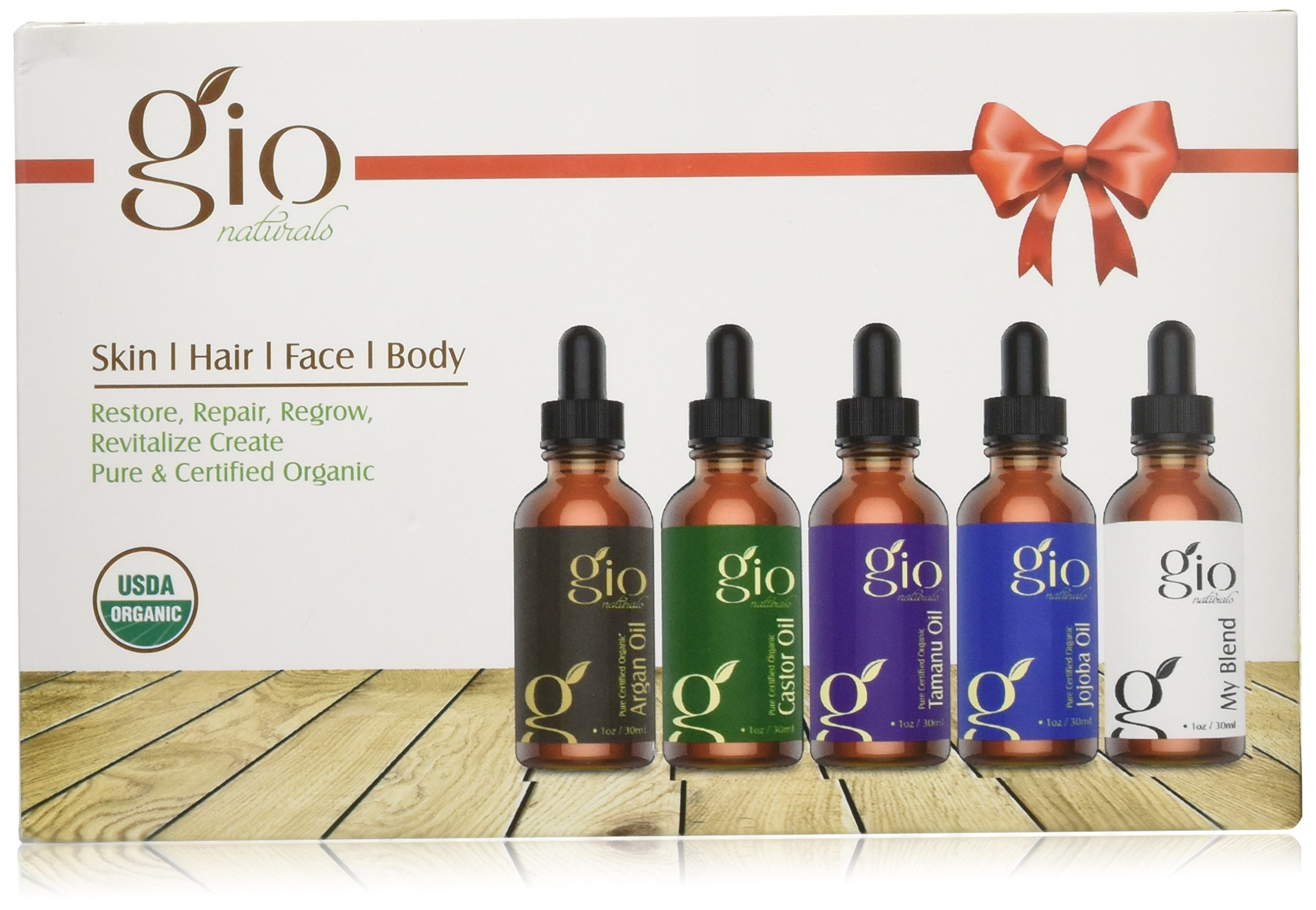 Gio Naturals USDA Organic Premium All Natural Carrier Oil Gift Set Includes Castor Oil, Jojoba Oil, Tamanu Oil and Argan Oil.