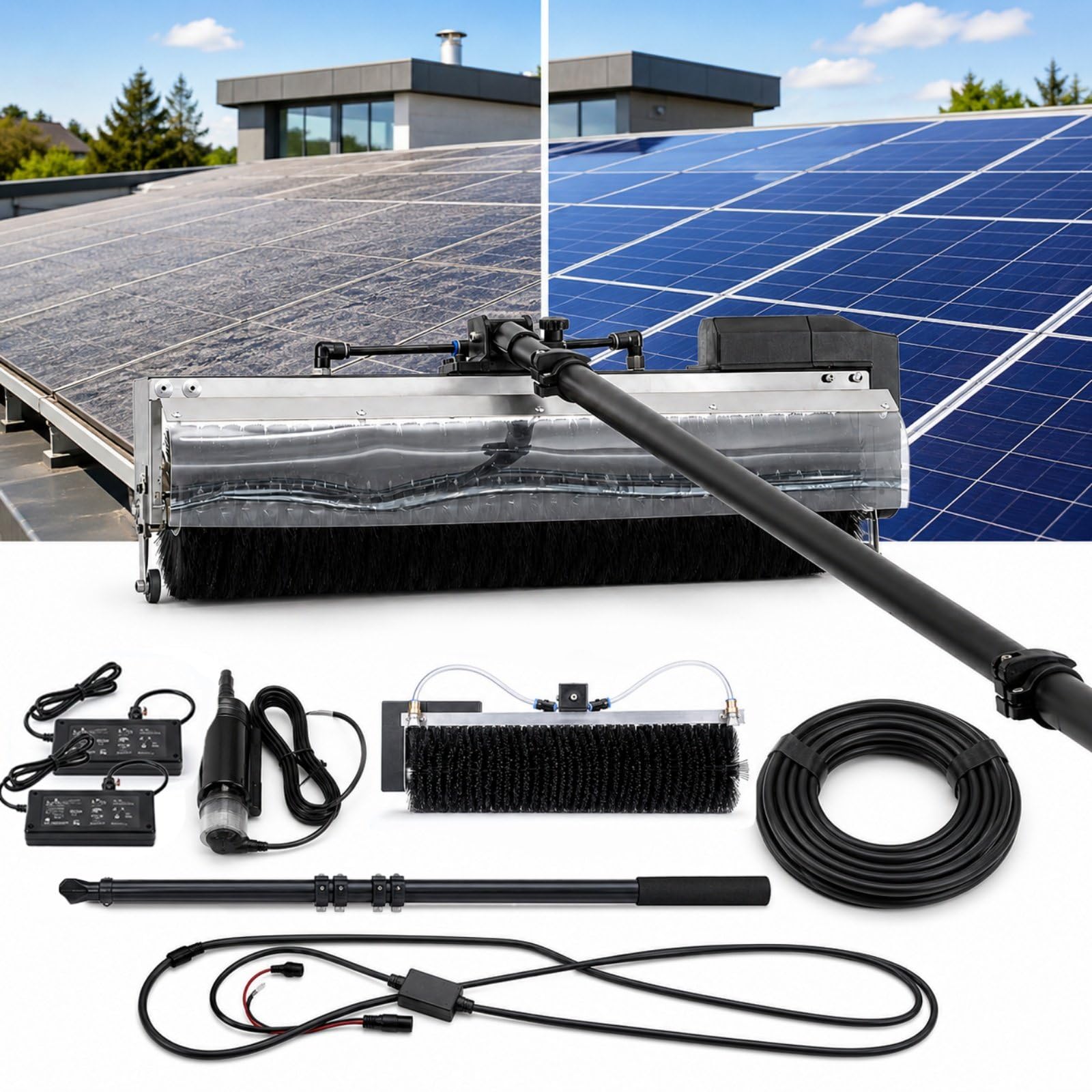 HCAUYNN PV Panel Cleaning Brush, 60cm Motorised Nylon Brush Head, 150W Brushless Motor, Aluminium Telescopic Rod, Water Spray Nozzles for Solar Panel Washing 7.5m/25ft