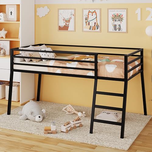 Lutown-Teen Metal Low Loft Bed Twin Size with Stairs and Guard, Black | Small Bedroom, Kids Room, 28.8 Inch Under-Bed Space, Study and Play Area, Safety Guardrails, Ramp Stairs, 350 LBS Support