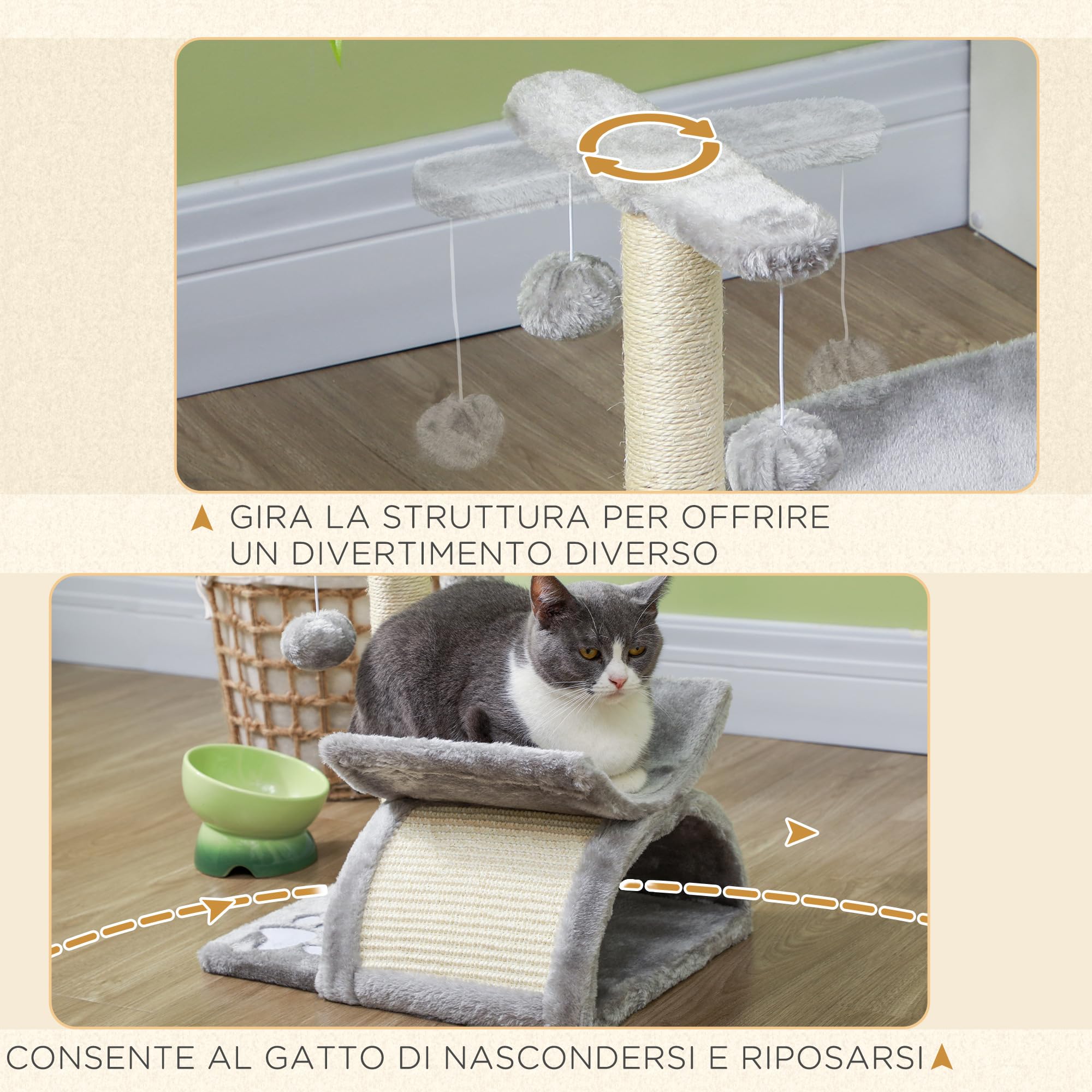 PawHut Tiragraffi per Gatti in Peluche con Cuccia, 40x30x43cm, Grigio | Graffiatoio e Palo in Sisal, 2 Palline