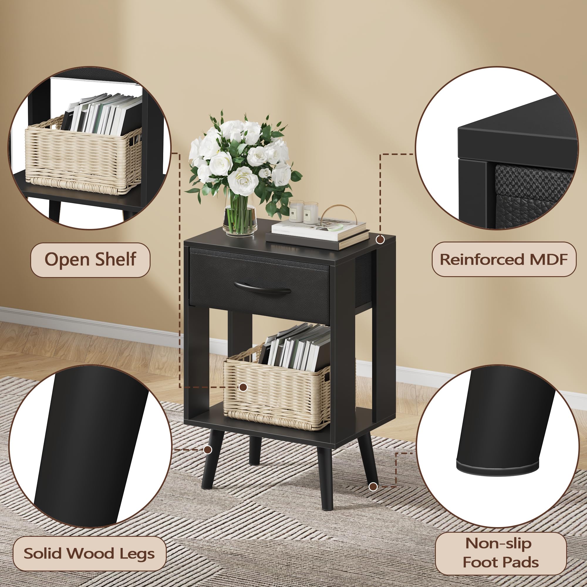 Nachttisch 2er Set, 40X 30 X 60.3cm Nachttisch, Klein Nachttische mit Schublade Nachtschrank für Schlafzimmer Kinderzimmer Zimmer Geschenk Bedside Table Nightstand, Schwarz