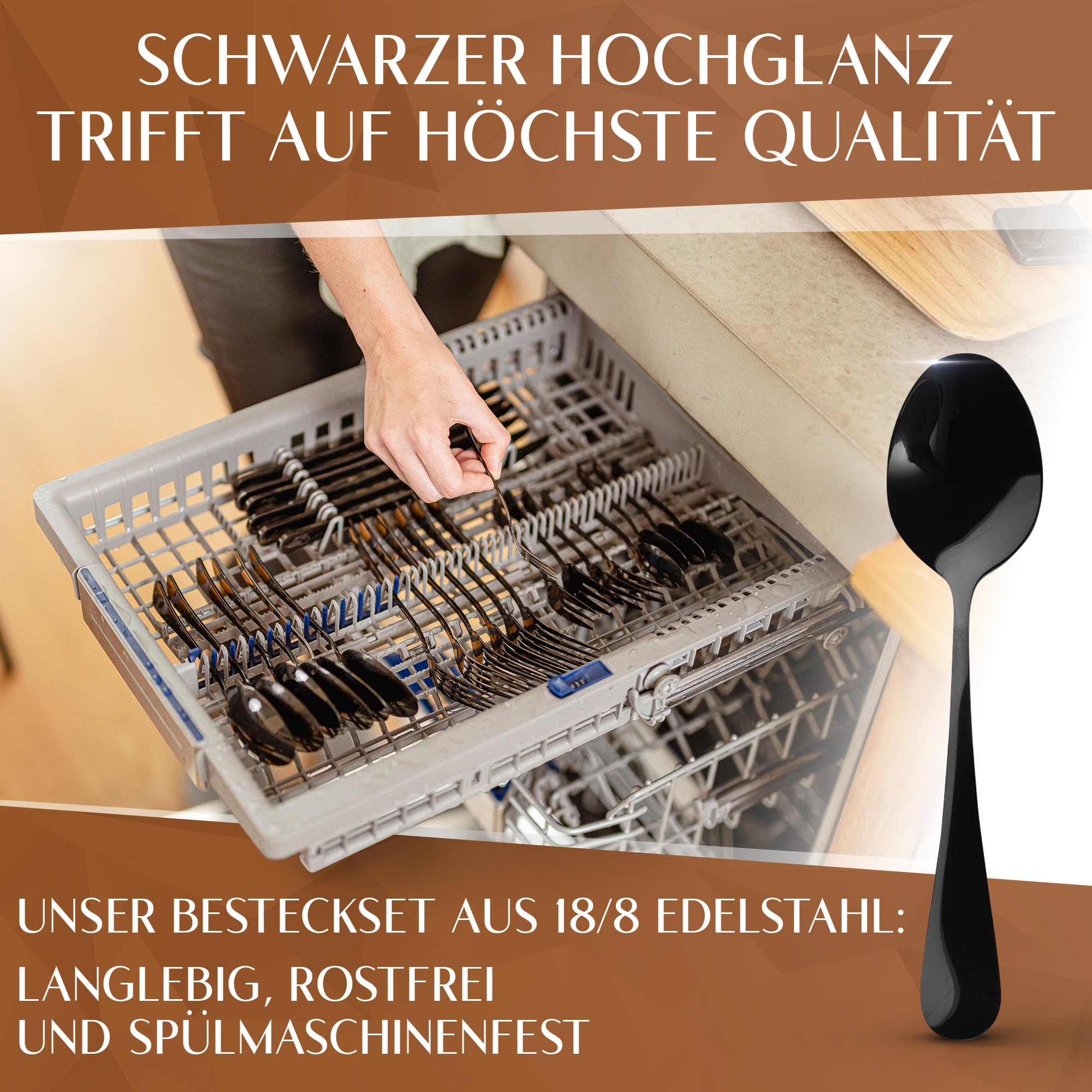 Glavory Lumina - Besteck Set 6 Personen Schwarz Hochglanz - 30teilig - Besteckset Spülmaschinenfest aus rostfreiem 18/8 Edelstahl - Schwarzes Besteck mit edler Verpackung
