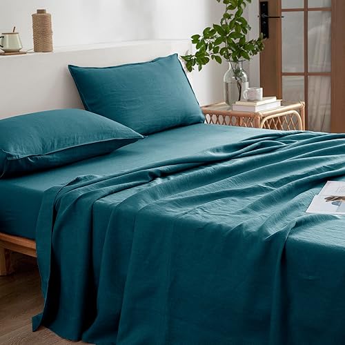 Miniatura 3 de EVERLY Juego de sábanas de lino tamaño Twin, juego de sábanas de lino puro francés lavado a la piedra 100%, 3 piezas (1 sábana plana, 1 sábana