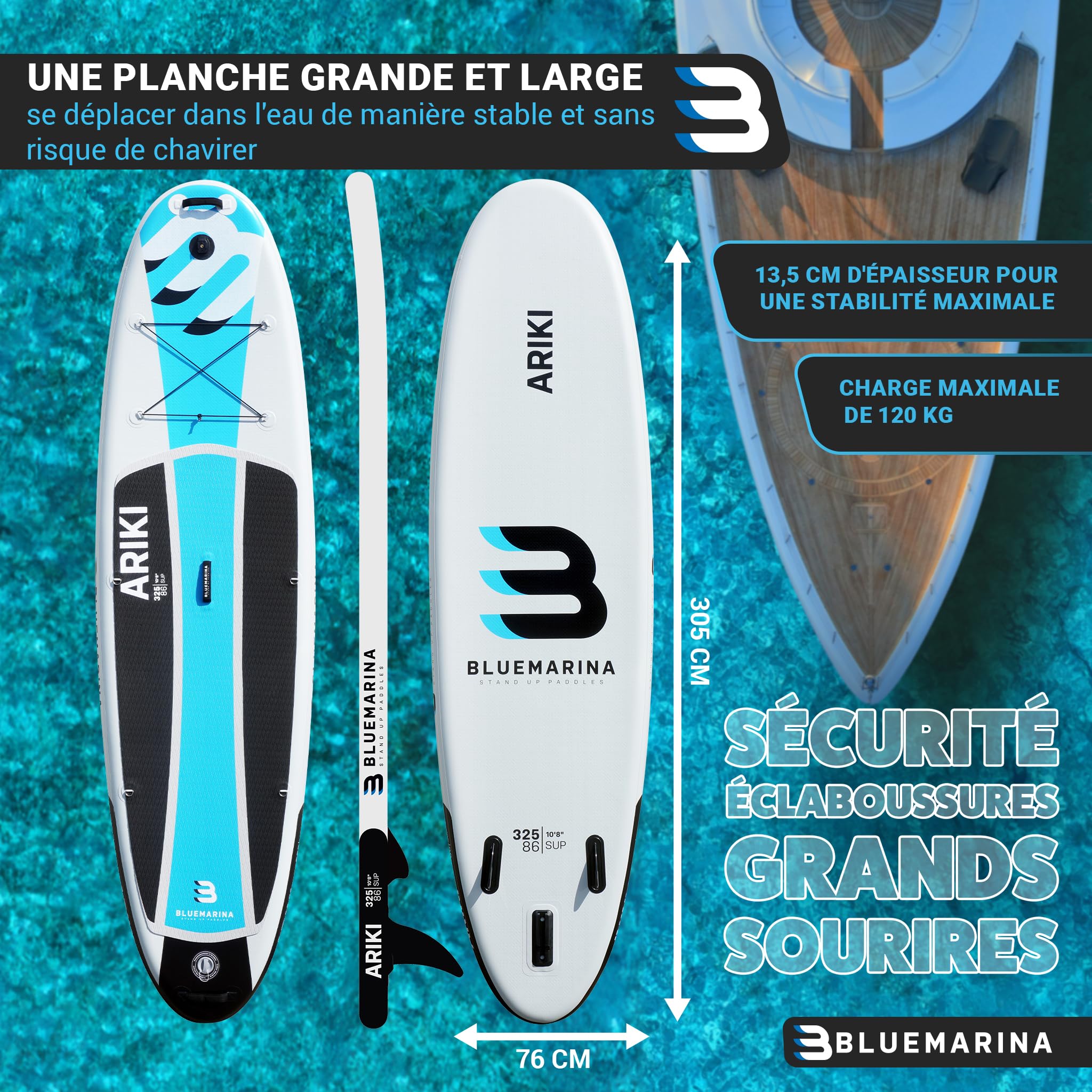 Bluemarina Planche de Stand Up Paddle Ariki Gonflable - Garantie DE 5 Ans - capacité de Charge jusqu'à 140 kg - Accessoires Inclus - 230x65x10 cm - 325x86x15 cm