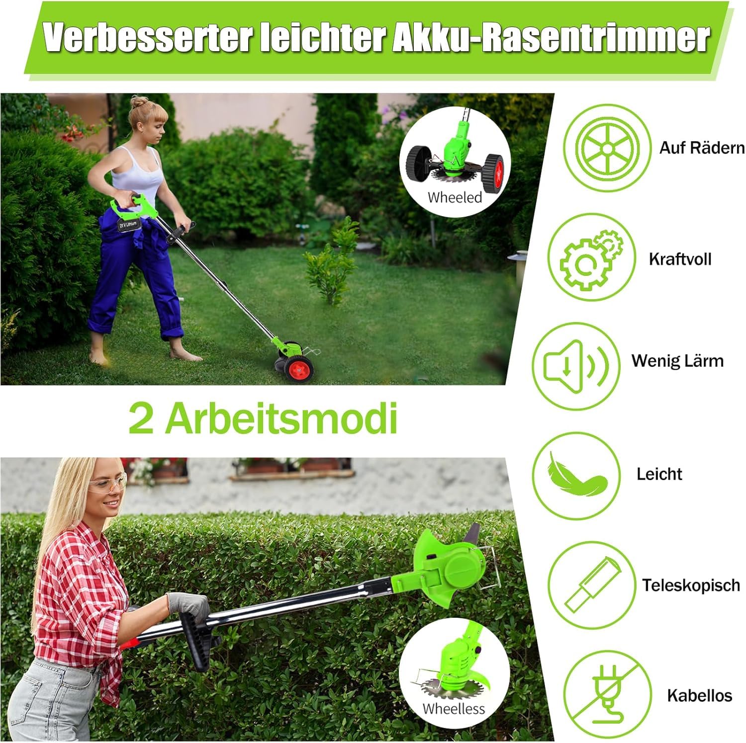 Akku-Rasentrimmer 21V 4.0Ah Elektrischer Trimmer Garten-Unkraut-Trimmer Kantenfräser 3 Klingen