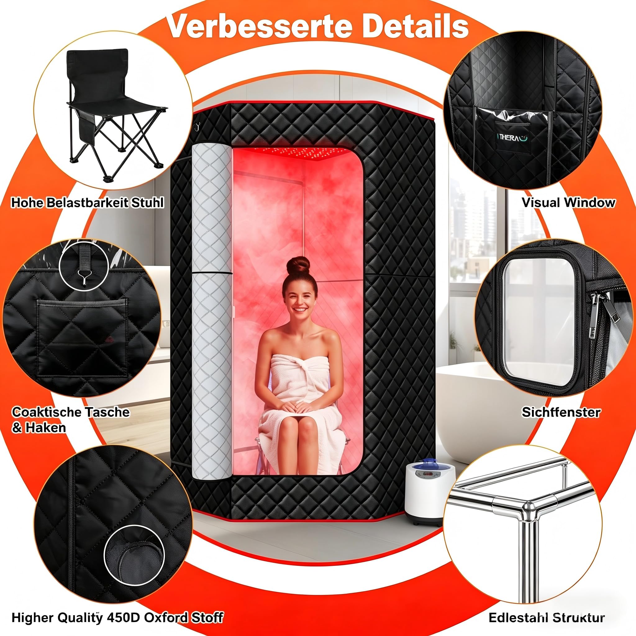 I-THERA-U Sauna de infrarrojos para el hogar - Sauna portátil de vapor de 660 y 850 nm sauna de vapor de cuerpo entero con 3L 1200 W generador de vapor baño de vapor, 15 niveles de calor, silla, mando