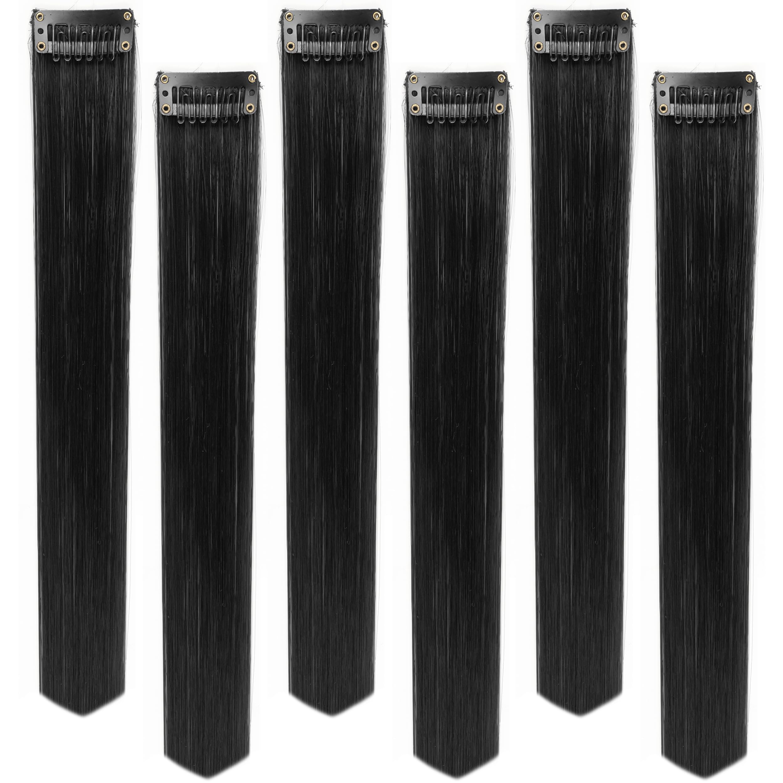 Paradise®Black Hair Extensions 22 inches, Pack of 6 Clip-based Straight Colored Hair Streaks for Women & Girls, Party Funky Synthetic Hair Patches