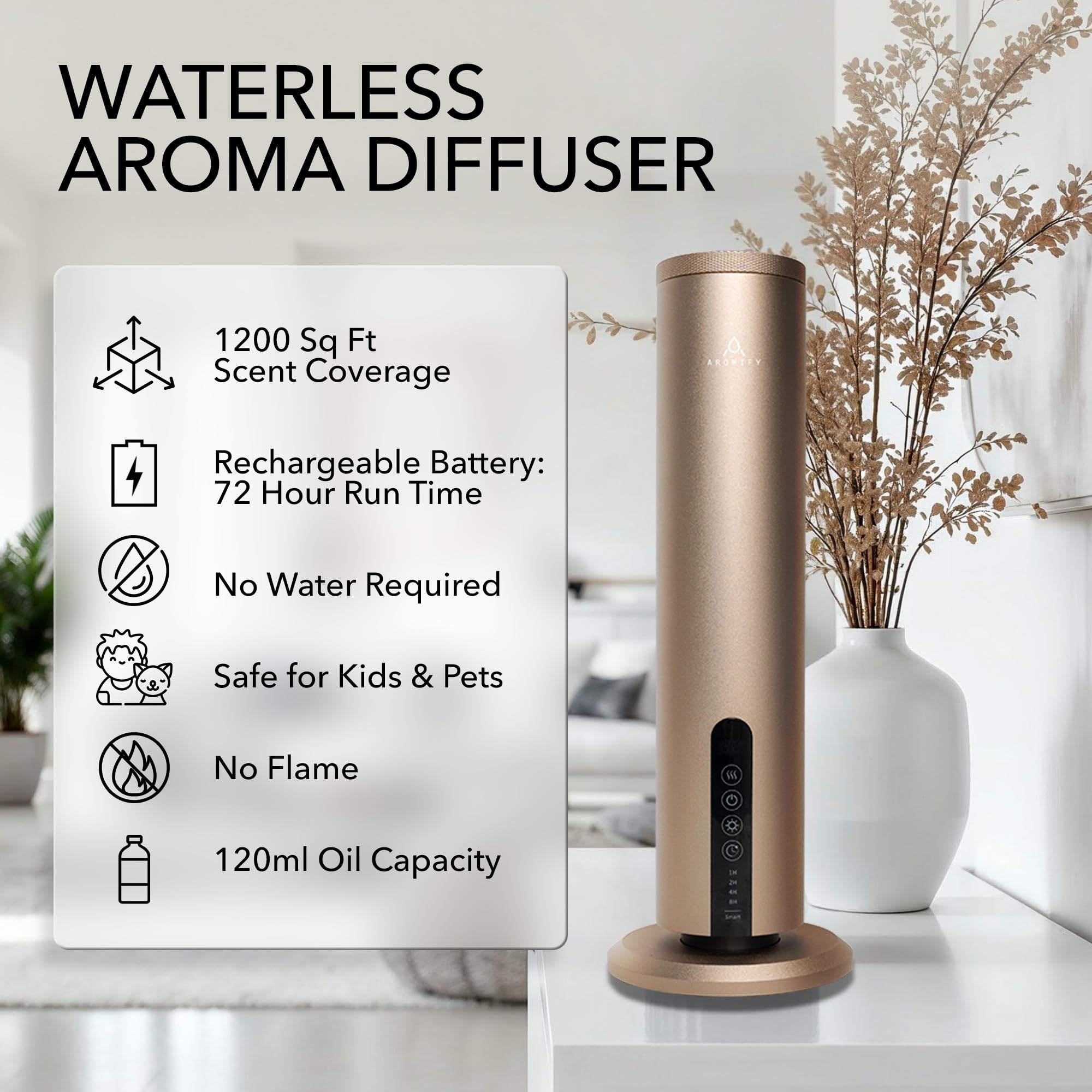Breeze Difusor sin agua, difusor de aceite de fragancia inalámbrico y recargable con aceites de té blanco y cabaña incluidos, cobertura de 1200 pies cuadrados, control Bluetooth y aplicación
