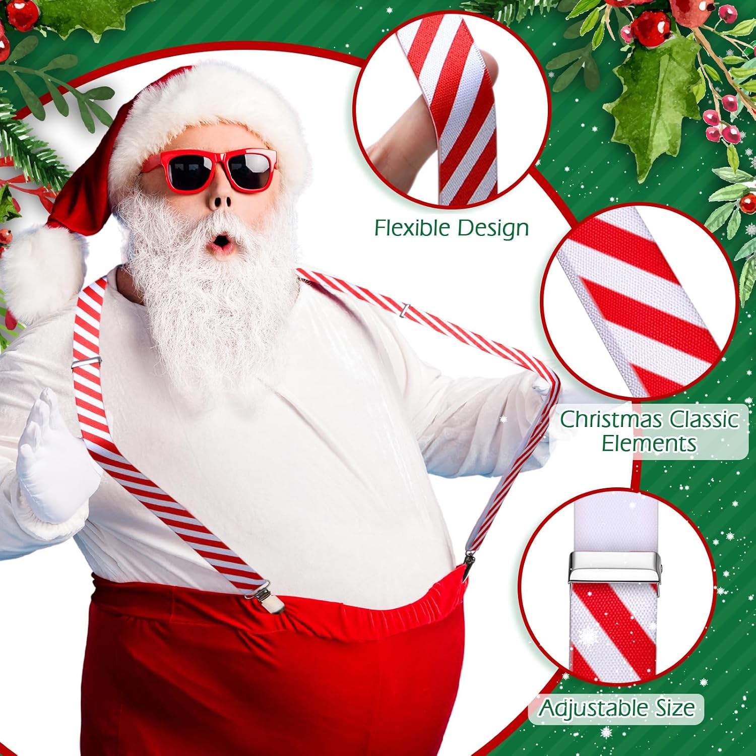 Mepase 4 Pcs Mens Christmas Suspenders Adjustable Candy Cane Santa with Metal Clips Suspenders for Xmas Party Supplies