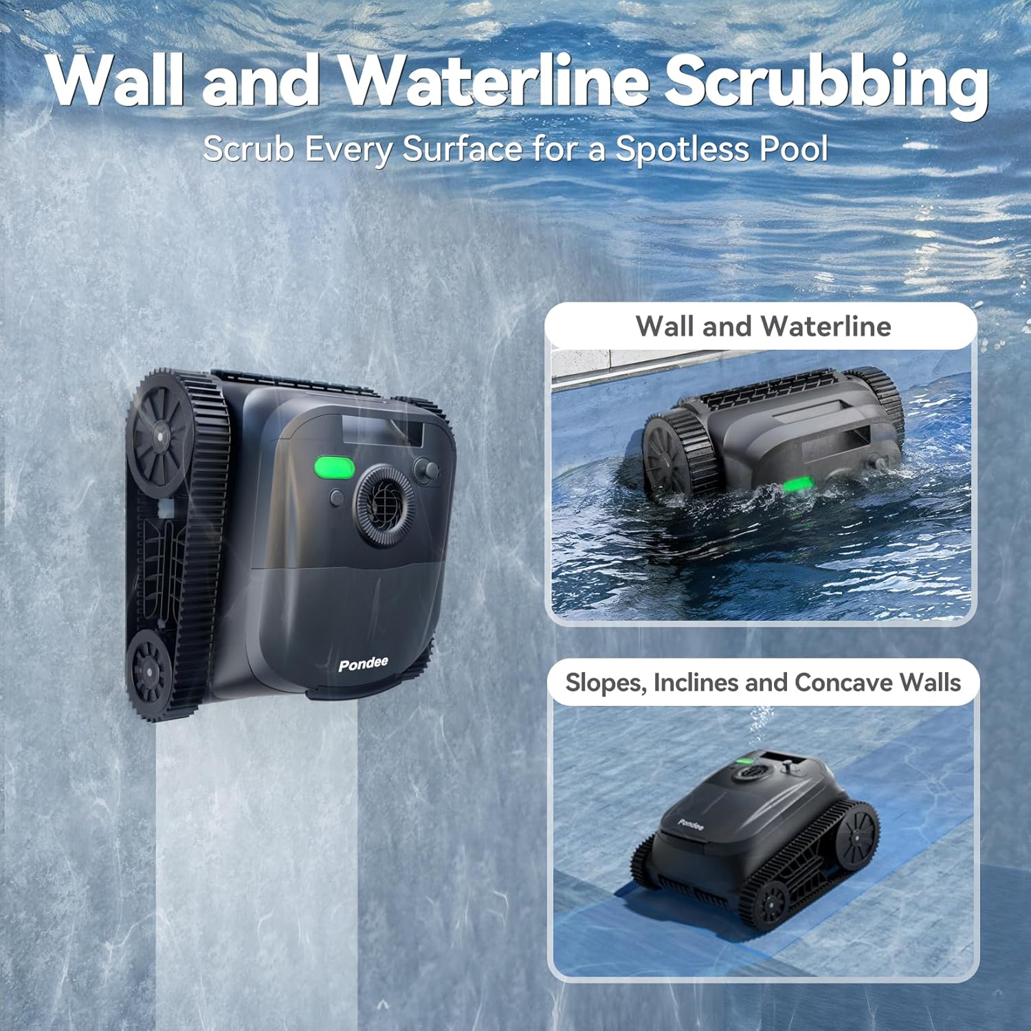 Pondee X5 cleaning pool walls and waterline, showing its ability to handle slopes and concave walls