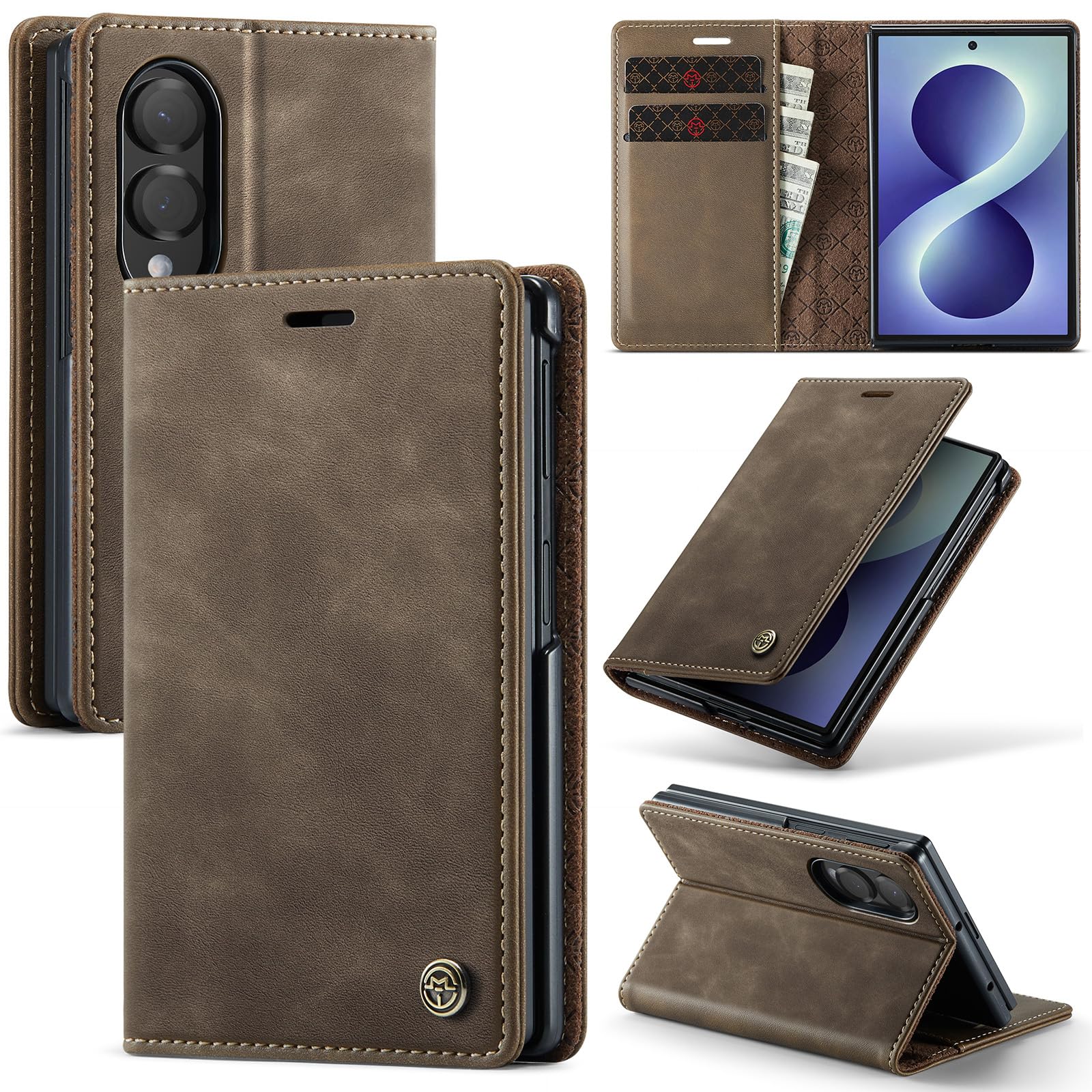 Azororo Cover per Samsung Galaxy Z Fold 8 5G, Premium PU Pelle Custodia, Magnetica Carta Fessura Portafoglio Case, Flip Cavalletto Custodia per Samsung Galaxy Z Fold 8 - Caffè