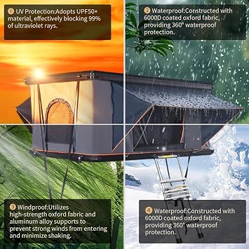 Hard Shell Roof Top Tent with Adjustable Roof Crossbars, 1-Minute Setup, 2-3 Person All-Season Camping Tent, Includes 3 Mattress, Ladder & LED Light - for SUV, Truck, Van(Standard Version)