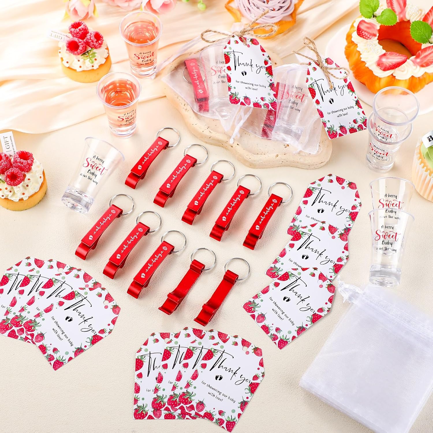 25 Sets Baby Shower Party Favor Shot Glasses Cute Bottle Opener Keychains Thank You Tags and Bags Baby Shower Favors Gender Reveal Party Guests Return Gift(Strawberry)