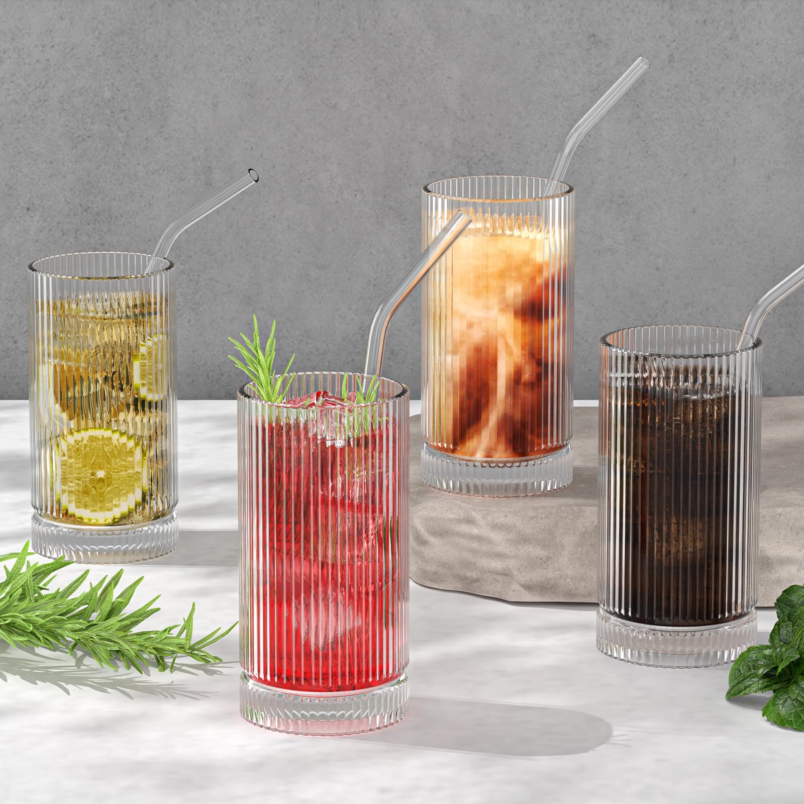 Bicchieri di vetro con cannucce, in vetro vintage a coste, per whisky, cocktail, birra, tazze da caffè freddo e bicchieri (confezione da 2)