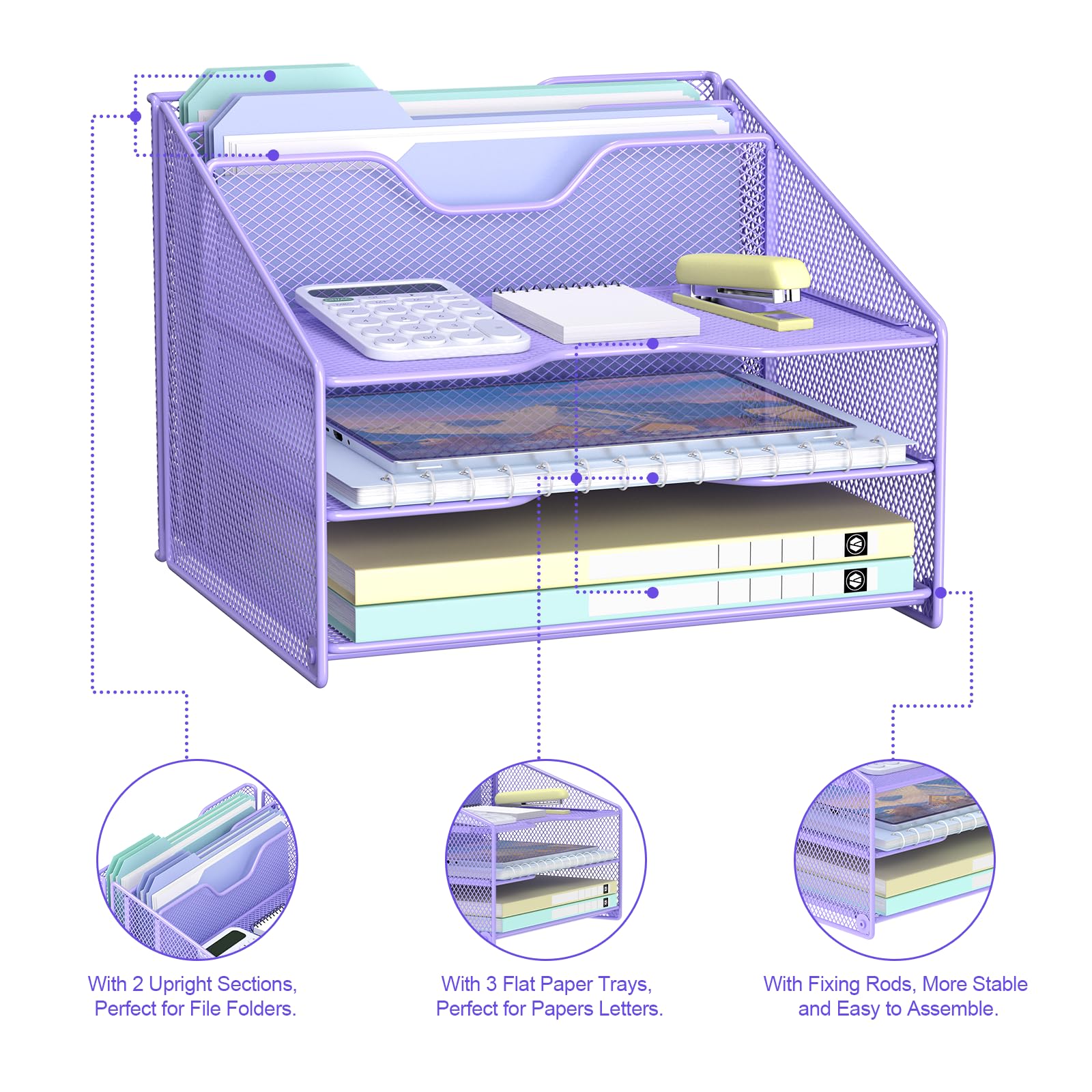 Samstar Purple Desk File Organizer, Mesh Letter File Folder Holder with 3 Paper Trays and 2 Vertical Upright Section, for Office Supplies, Desk Accessories & Workspace, Purple view 5