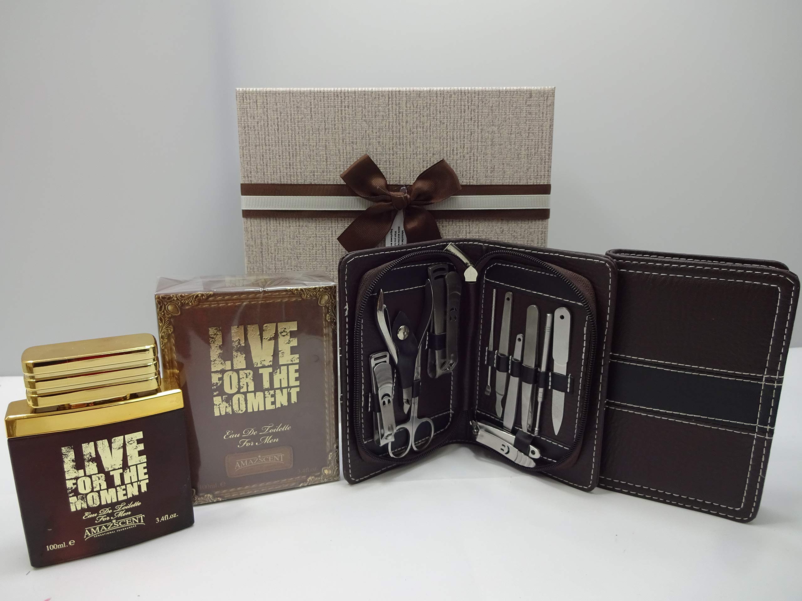 Coffret cadeau de luxe pour homme, Live For The Moment edt pour homme, parfum sensationnel Amazscent 11 pièces en acier inoxydable, kit de manucure personnel dans un coffret cadeau