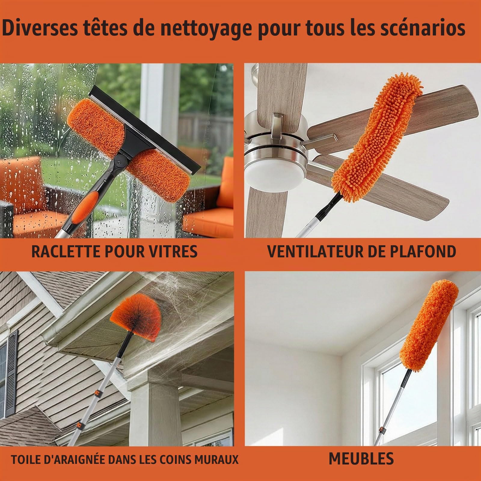 Perche Téléscopique 6m avec Tête de Loup et Plumeau - Kit Multifonction pour Nettoyage à Hauteur - Anti-Toile d'Araignée, Poussière et Vitres - Manche Réglable 1.5-6m