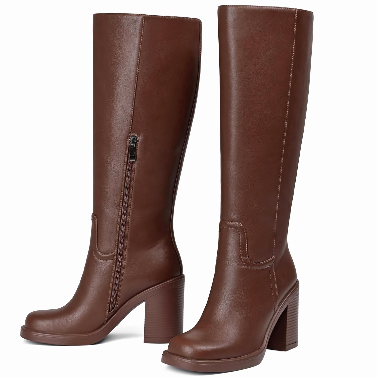 Knee High Boots Women Wide Calf Boots for Women Tall Boots Leather Long Square Toe Platform Chunky Heel