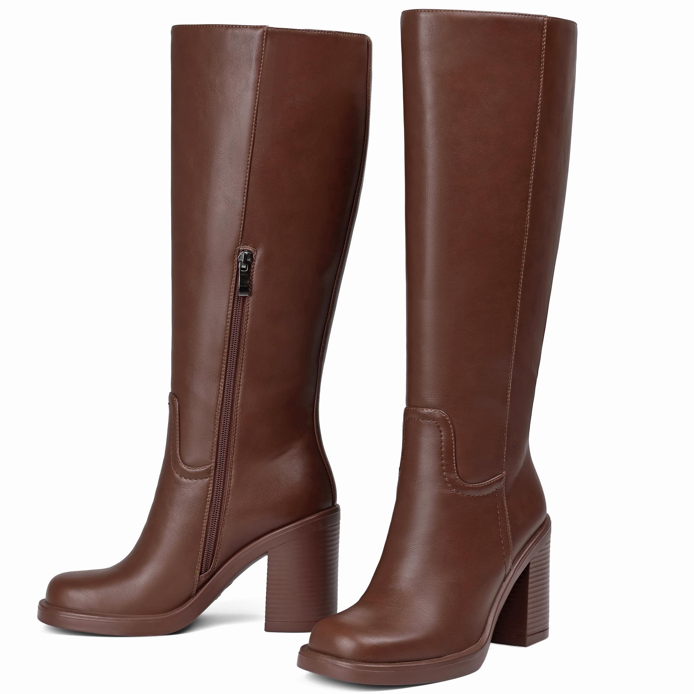 Knee High Boots Women Wide Calf Boots for Women Tall Boots Leather Long Square Toe Platform Chunky Heel