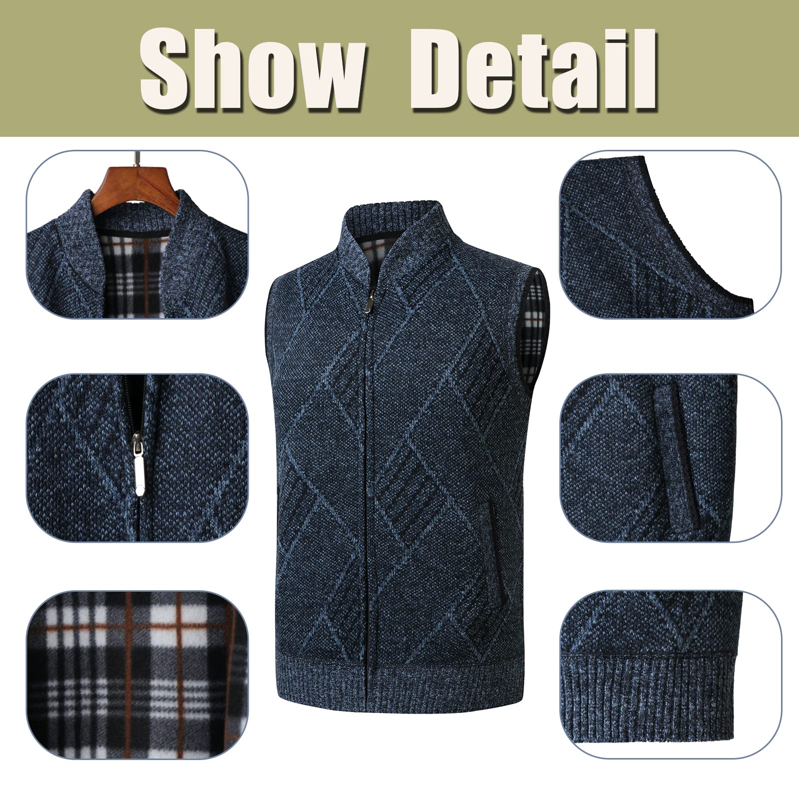 Hombre Cárdigan Sin Mangas Chaleco de Punto Otoño Invierno Cálido Suéter con Forro Polar Clásico Caballero Jersey Chaqueta Prendas de Punto Pullover Elegante