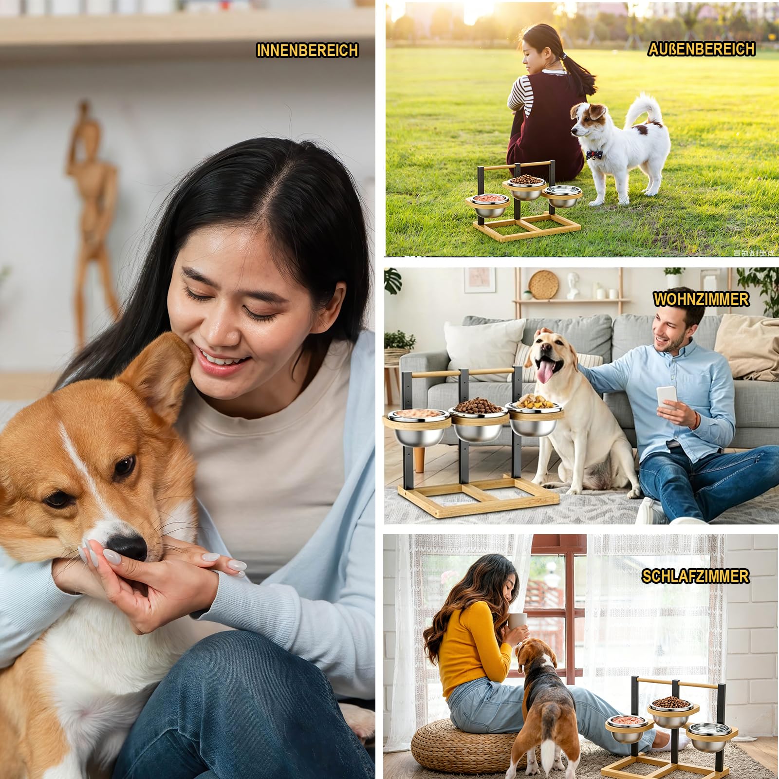 Gamelle surélevée réglable pour Chien, mangeoire en Bambou et métal avec 6 hauteurs réglables de 10 à 30 cm, 3 Bols INOX 304 de 1400 ML, Support Ergonomique pour Chiens Moyens et Grands