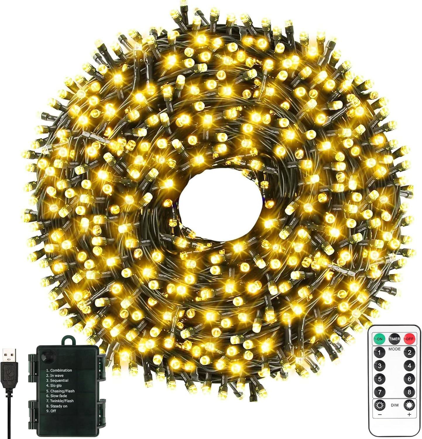 Christmas Lights 33ft 100LED Battery Operated String Lights with USB or Battery Powered Waterproof for Indoor Outdoor Holiday Party Wedding Christmas Decoration Warm White 33ft 100 LED