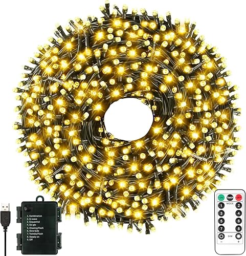 Miniatura 20 de Luces de Navidad de 33 pies, 100 LED, funciona con pilas, funciona con USB o pilas, impermeable, para interiores y exteriores, fiestas, bodas