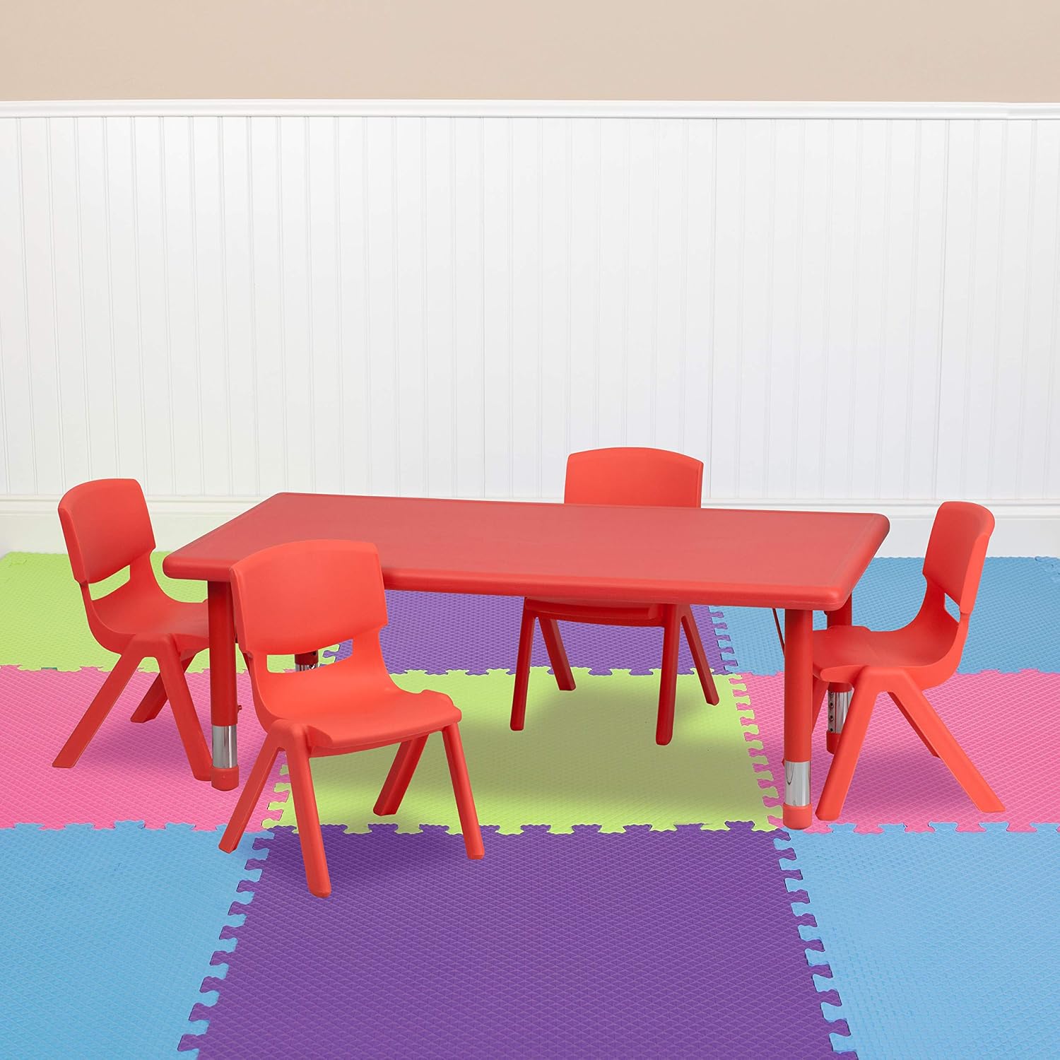 🛒 Flash Sale EMMA + OLIVER 24" W x 48" L Red Plastic Adjustable Activity Table Set-4 Chairs