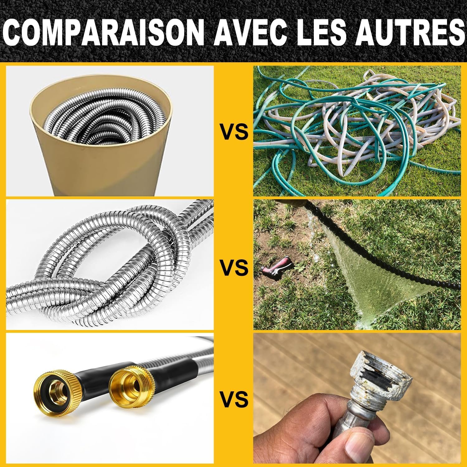 Tuyau d'arrosage en Acier Inoxydable 15m, Tuyau Arrosage en Métal avec 10 Modes d'arrosage et Accessoires Cuivre, Robuste, Flexible et Résistant à l'Usure et la Corrosion