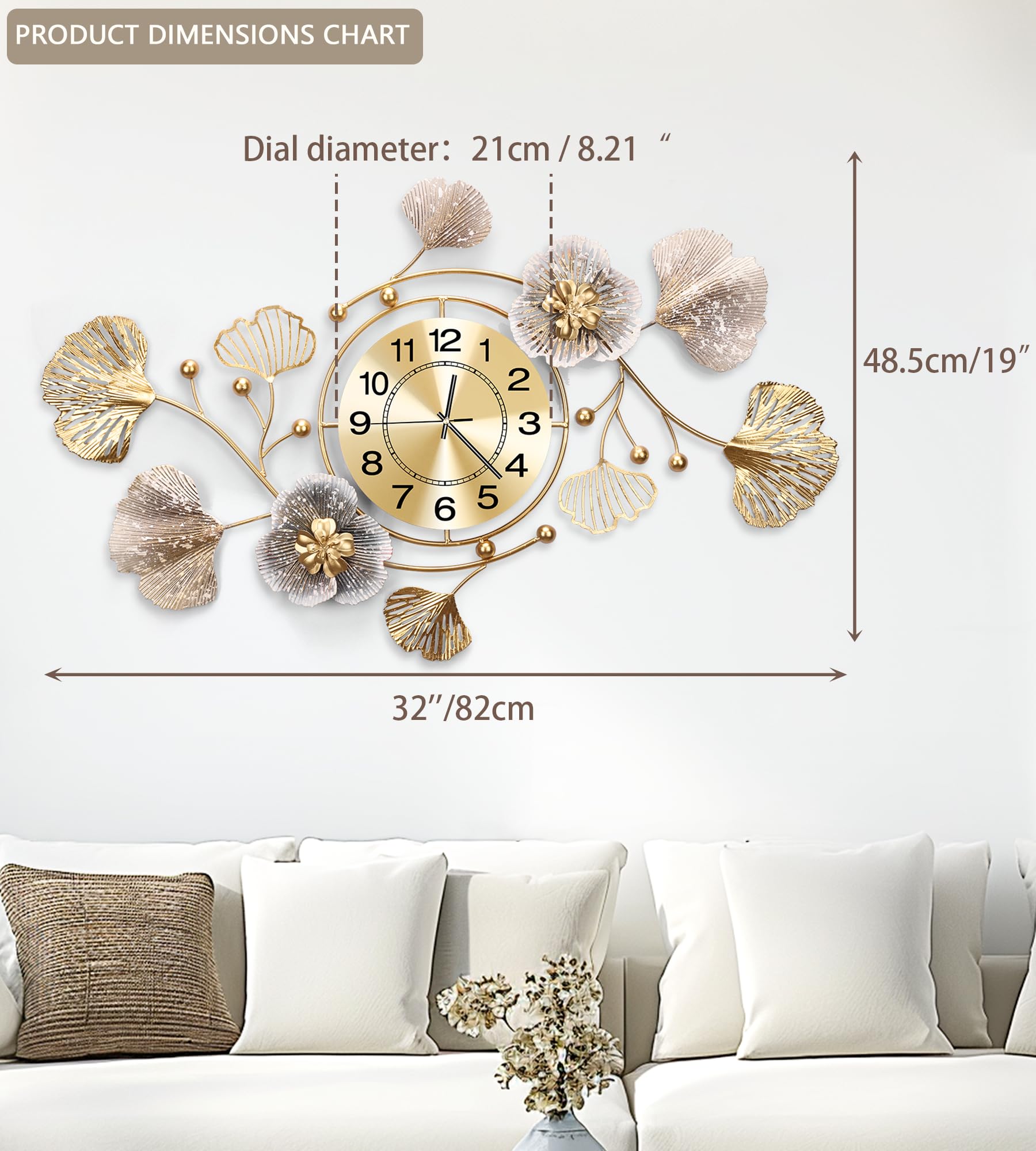 JXQXYN Clocks for Living Room, Large Wall Clock, 3D Silent Wall Clock, Retro Metal Ginkgo Leaf Design, for Bedroom Kitchen Decorative Wall Clocks?32''x18'' ?