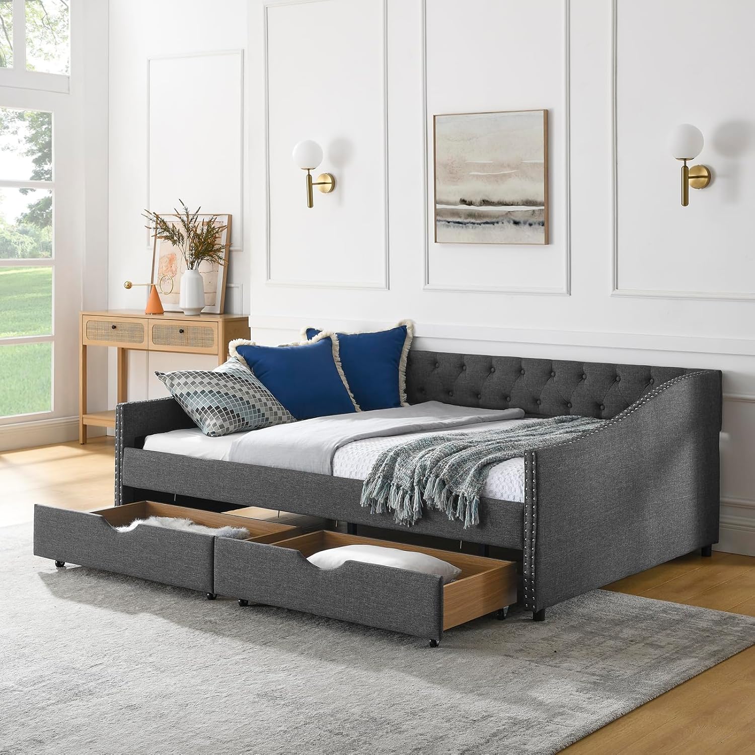 (Incomplete) Wood Full Size Daybed, Day Bed Frame with 2 Storage Drawers, Upholstered Full Bed Frame Sofa Bed with Button and Nailhead Design for Bedroom Guest Room, No Box Spring Needed, Dark Grey Daybed with Drawer Dark Grey - Full