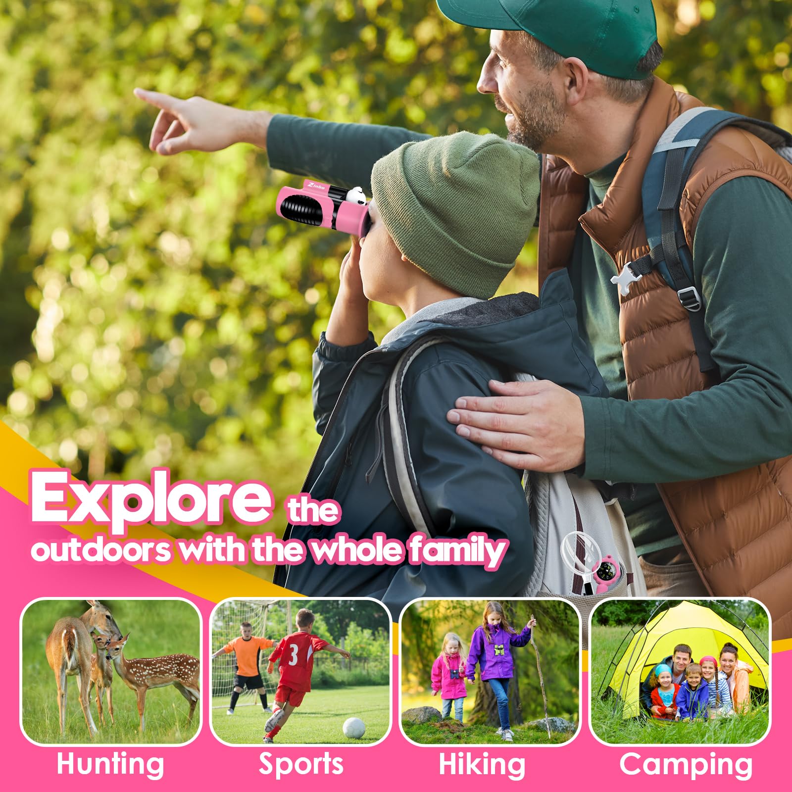 Binocolo Bambini 8x21 Ottica reale ad alta risoluzione, con lente d'ingrandimento e bussola fischietto, binocolo per bambini da 3 a 12 anni, ragazzi e ragazze, escursioni, viaggi