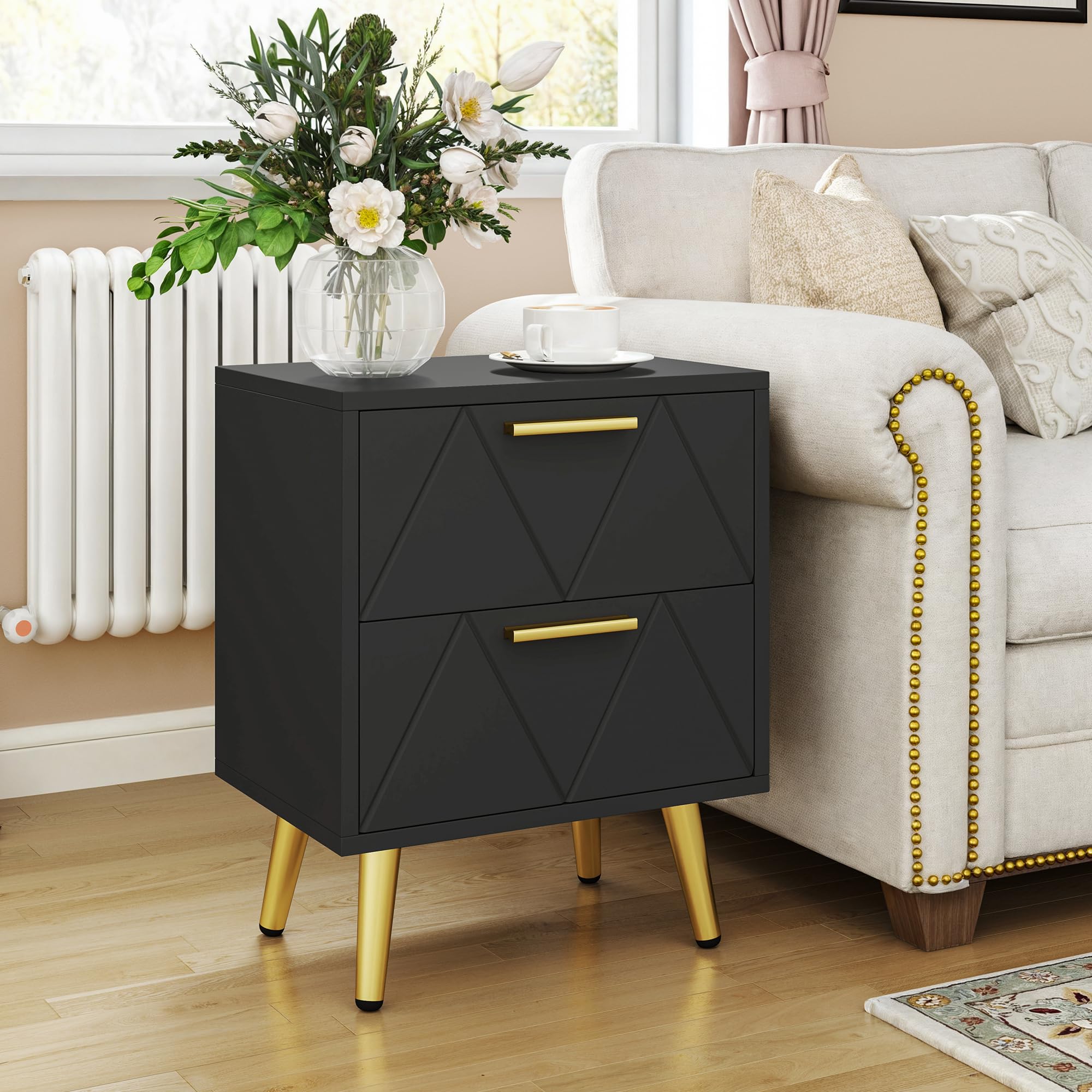 YITAHOME Set di 2 comodini con 2 cassetti, piccolo comodino con contenitore, comodino per soggiorno, camera da letto, ufficio, nero e oro, 40 x 30 x 52 cm, nero e oro