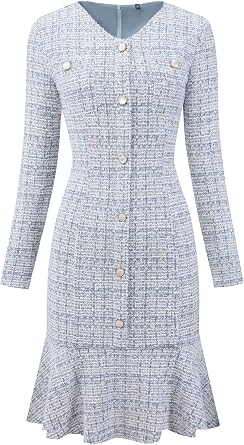 Hobemty Womens Tweed Dress 2025 Long Sleeve Wedding Cocktail Bodycon Fishtail Dresses