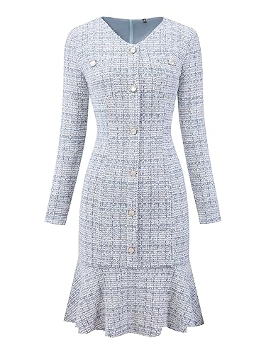 Women's Tweed Dress 2025 Long Sleeve Wedding Cocktail Bodycon Fishtail