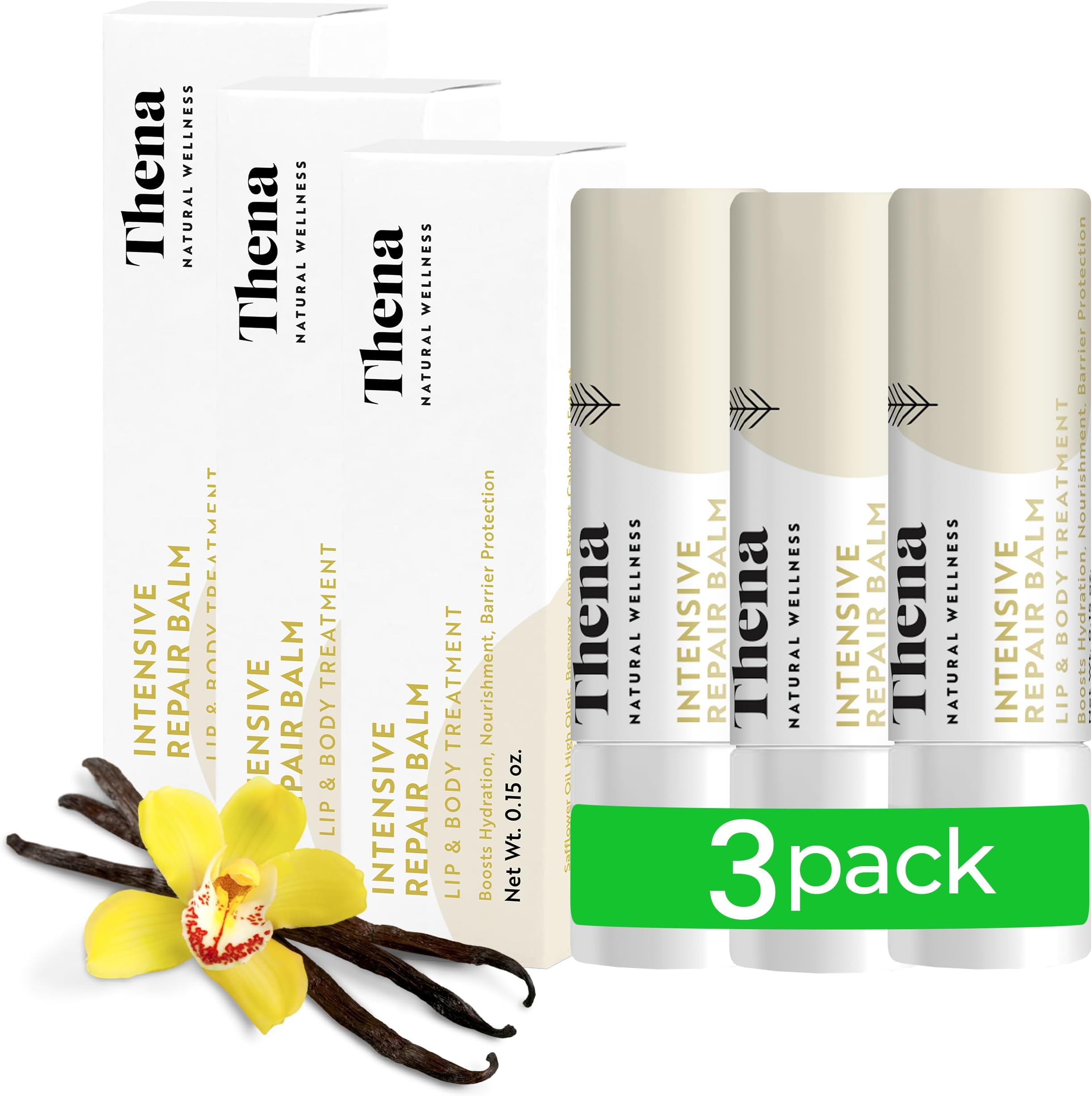 Organic Lip Balm Lip Treatment & Moisturizer for Dry Cracked Lips with Shea Butter & Vanilla, Ultra-Hydrating & Nourishing, Barrier-Repair Lip Therapy, Natural Skin Care, 3 Pack, Women & Men