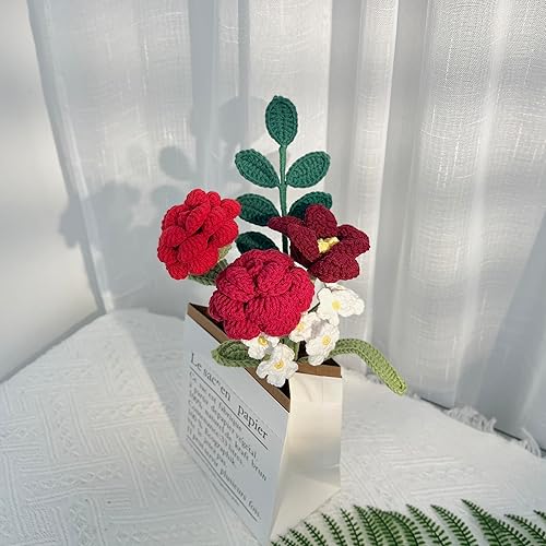 Miniatura 2 de Ramo de tulipanes de rosas de ganchillo hecho a mano, flores artificiales tejidas para siempre con exquisita envoltura, regalo para novia, mamá,