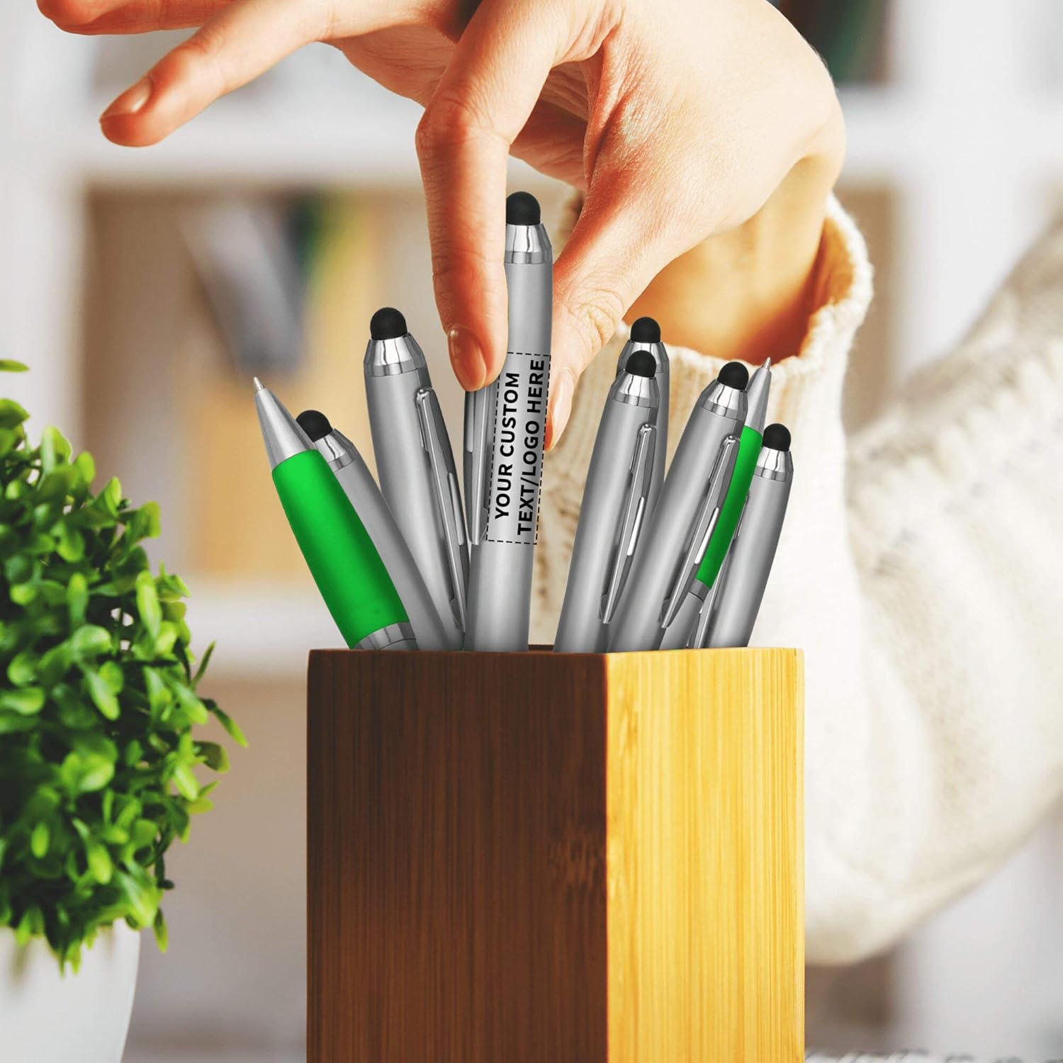 DISCOUNT PROMOS Custom Stylus Ballpoint Pens Set of 10/50/100, Personalized Bulk Pack - Black Ink, Great for Office, School, Business, Tradeshows, Events - Green