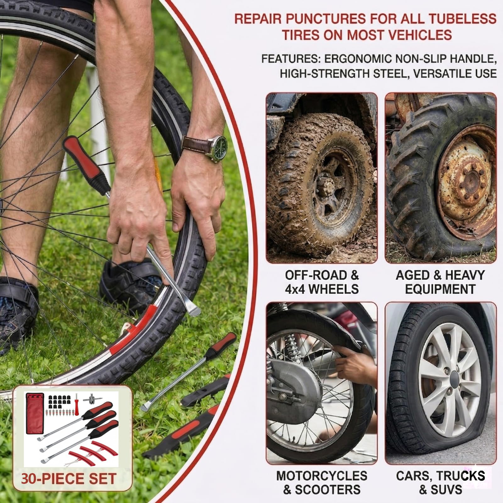 Set Combinato da 30 Pezzi di Leve Smontagomme Strumenti per il Montaggio di Pneumatici per Moto, Biciclette e Scooter Leve Smontagomme (a Cucchiaio) con Leve Portatili e 9 Protezioni per Cerchi
