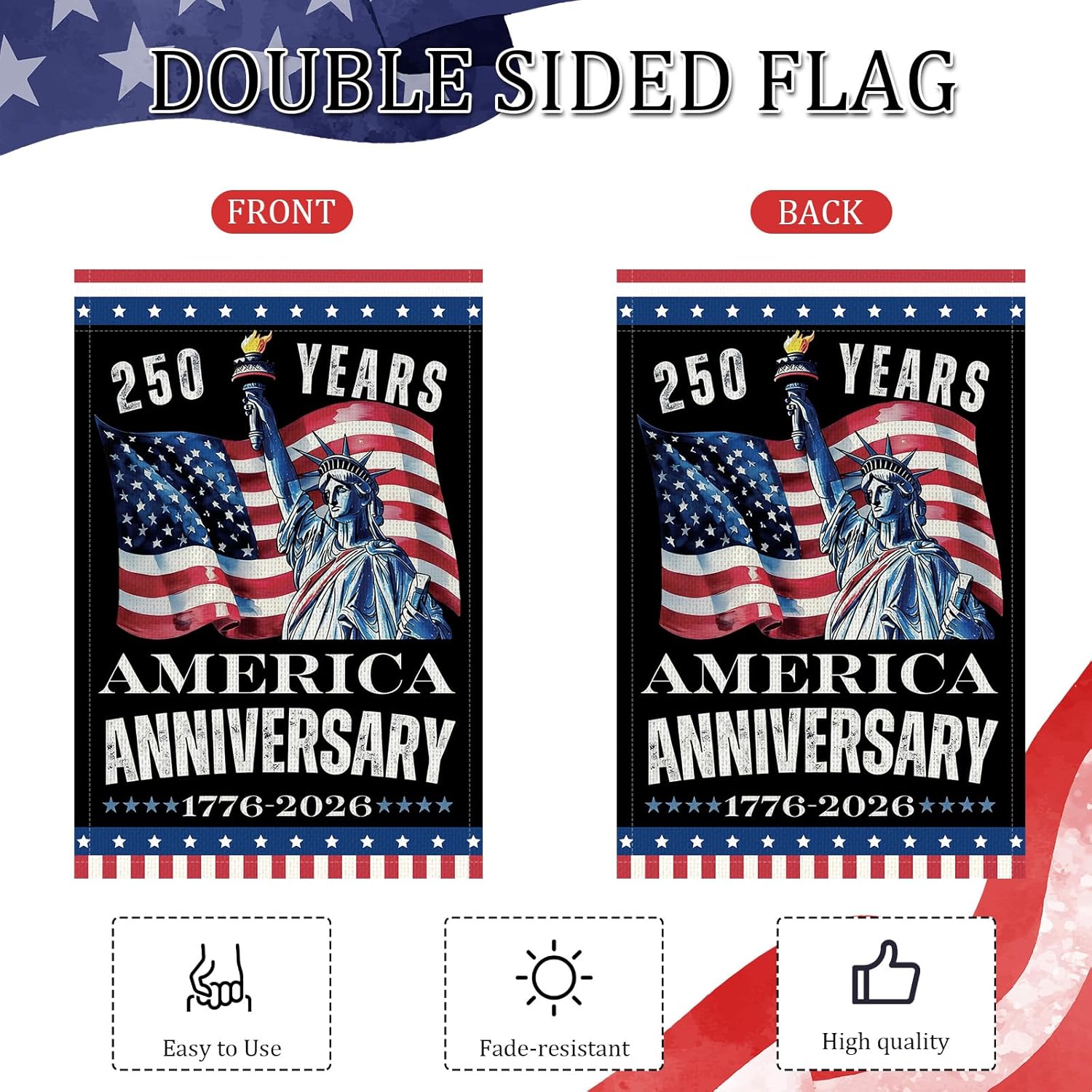 250th Anniversary USA Garden Flags, Happy 250 Years America Garden Banner Decor for Outside 12x18 Inch Double Sided, USA Patriotic 1776-2026 Design Outdoor Porch Patio Lawn Decorations - Image 6