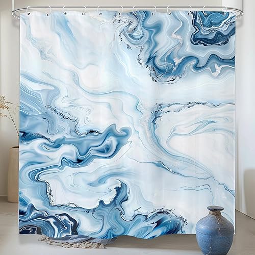 LIGHTINHOME Cortina de ducha azul de 72 pulgadas de ancho x 72 pulgadas de alto, cortinas de baño de mármol abstacto, color azul claro y blanco,