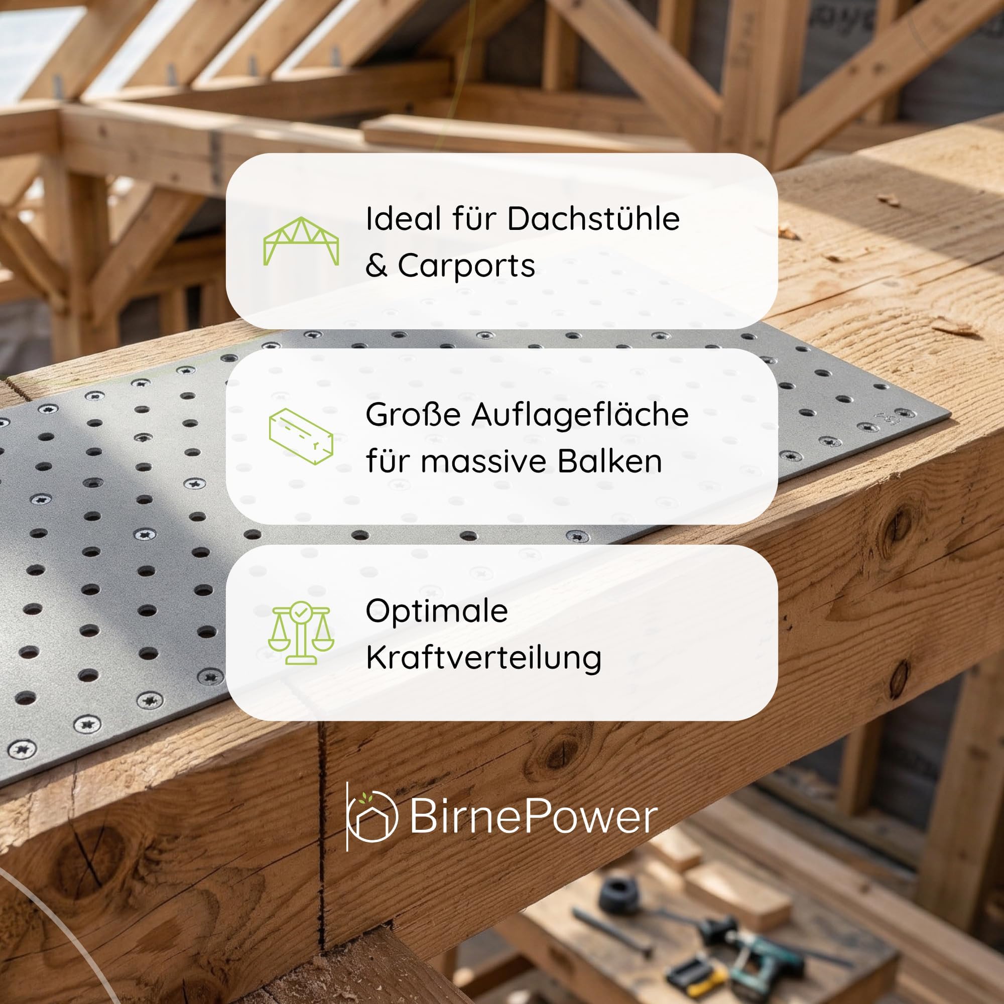 BirnePower Flachverbinder PP 25 (25 Stück) – Lochplatte 200 x 400 x 2,0 mm, Verzinkter Stahl, Holzverbinder für Balken & Dachstuhl, Montageplatte mit Universal-Lochung, Nagelplatte Stabil (Silber)