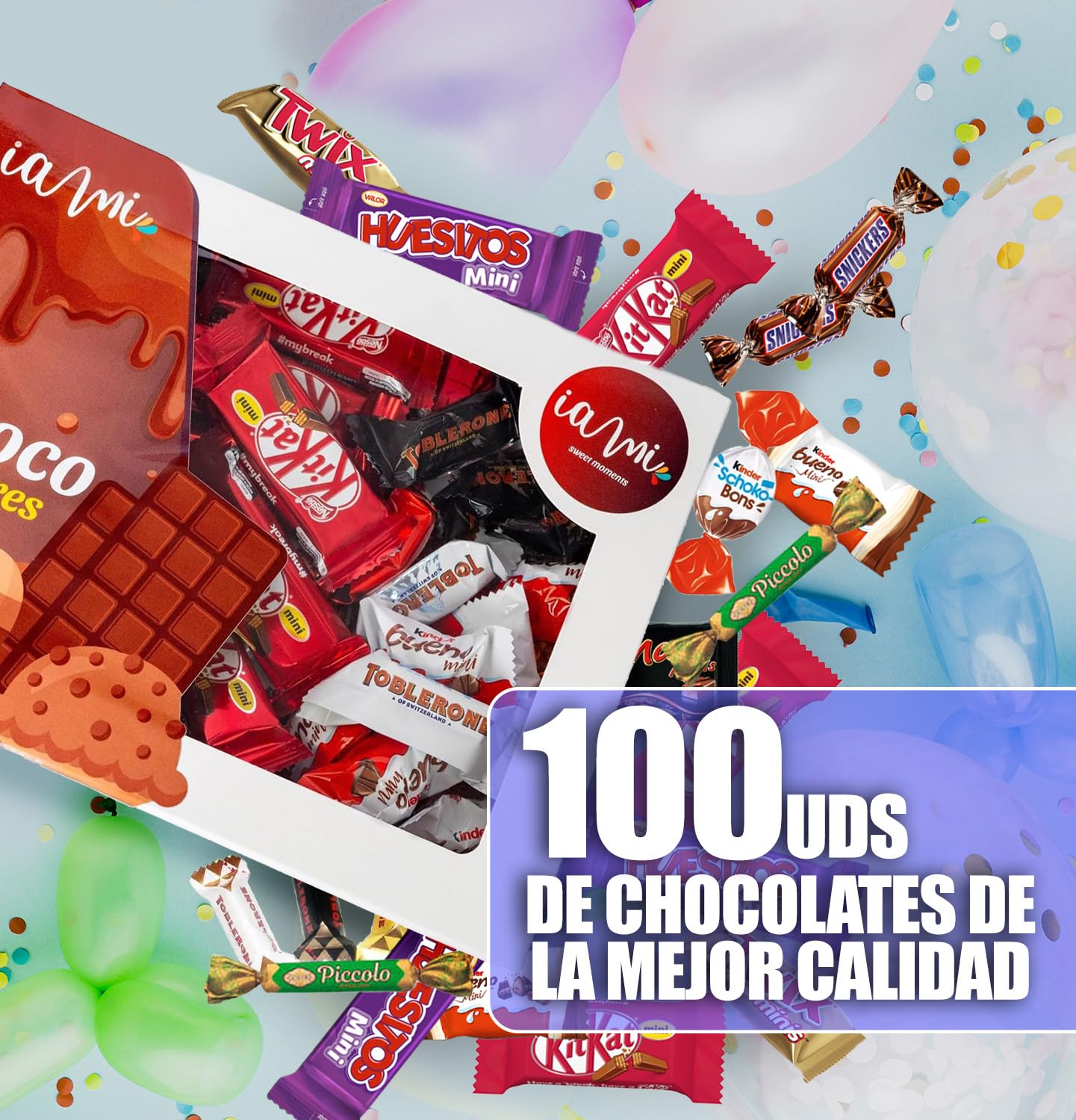 +100 Unidades Surtido de Mini Chocolates | Regalo Original Caja Gourmet Chocolates MINI I Versiones Miniatures de Kit Kat, Toblerone, Kinder Bueno, Twix, Snickers, Kinder Chocolate, Shochobons y Mars