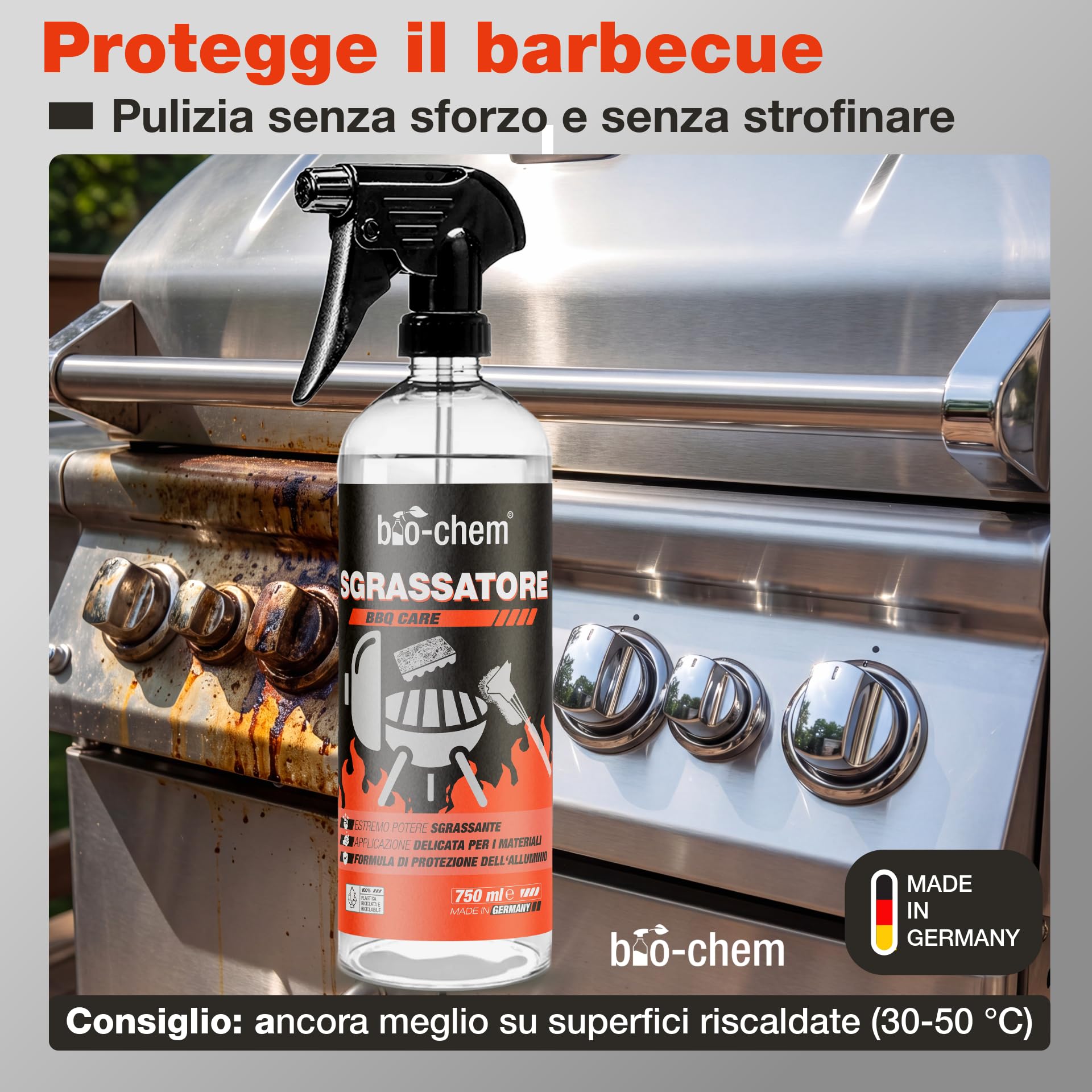 bio-chem - Detergente per Barbecue 750ml + Spazzola, Panno e Spugna - Spray per BBQ Pronto all'Uso, Ideale per L'Estate - Pulitore sgrassante per Griglie di Barbecue